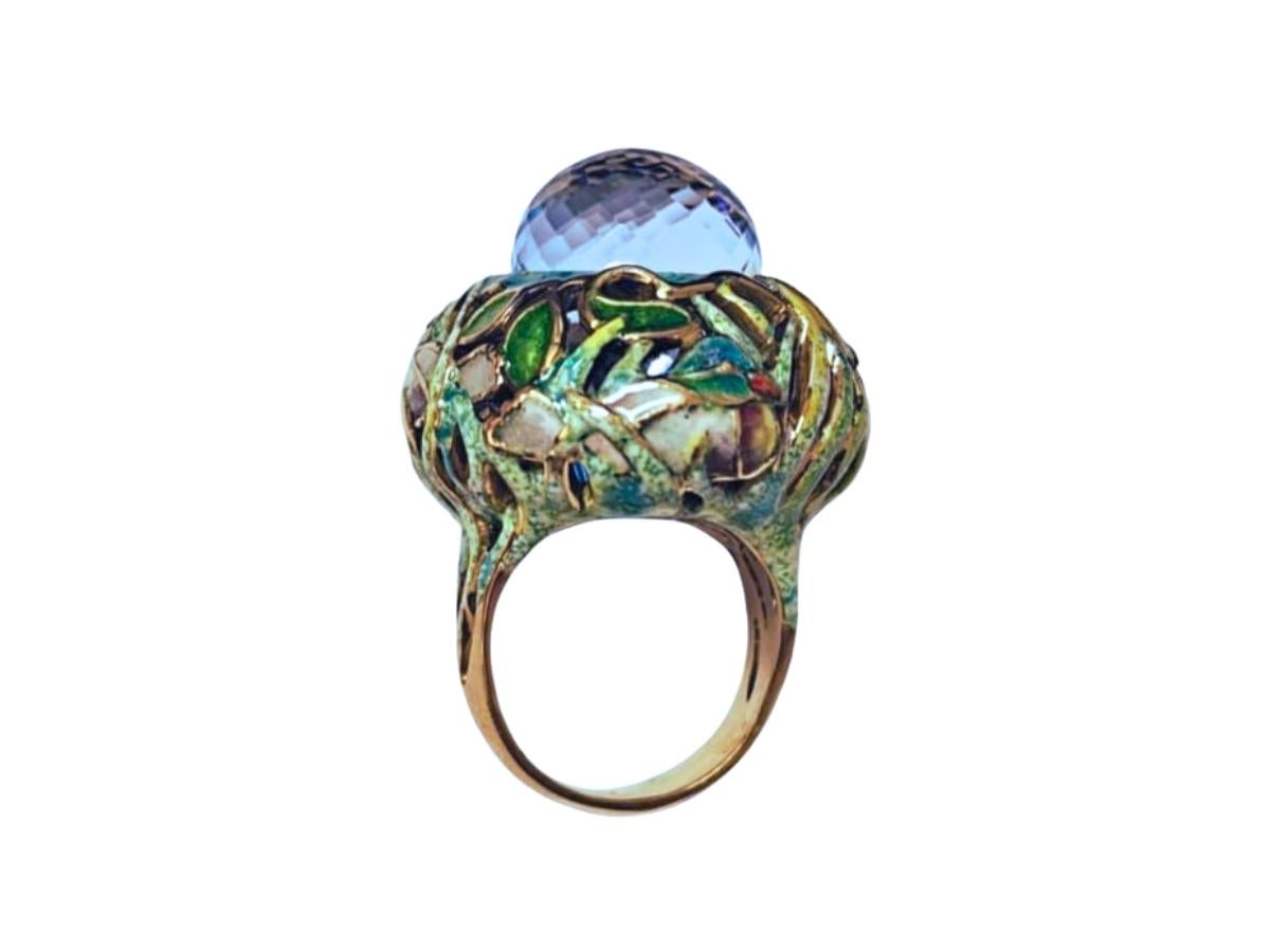 Taille briolette Bague étang scintillant Or jaune 18K avec 33.3ct Swiss Topaz et émail champlevé en vente