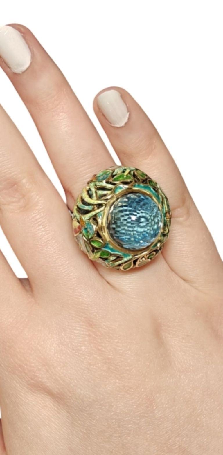 Bague étang scintillant Or jaune 18K avec 33.3ct Swiss Topaz et émail champlevé Unisexe en vente