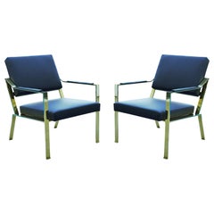 Very elegant pair of brass chairs covered in grey leather