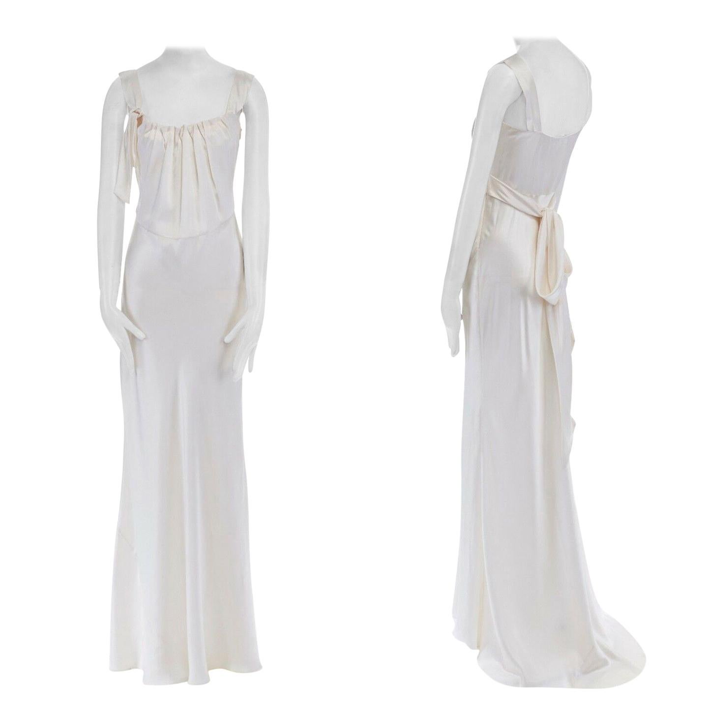 new COLLETTE DINNIGAN ivory bow tie strap pleated neckline evening gown dress S