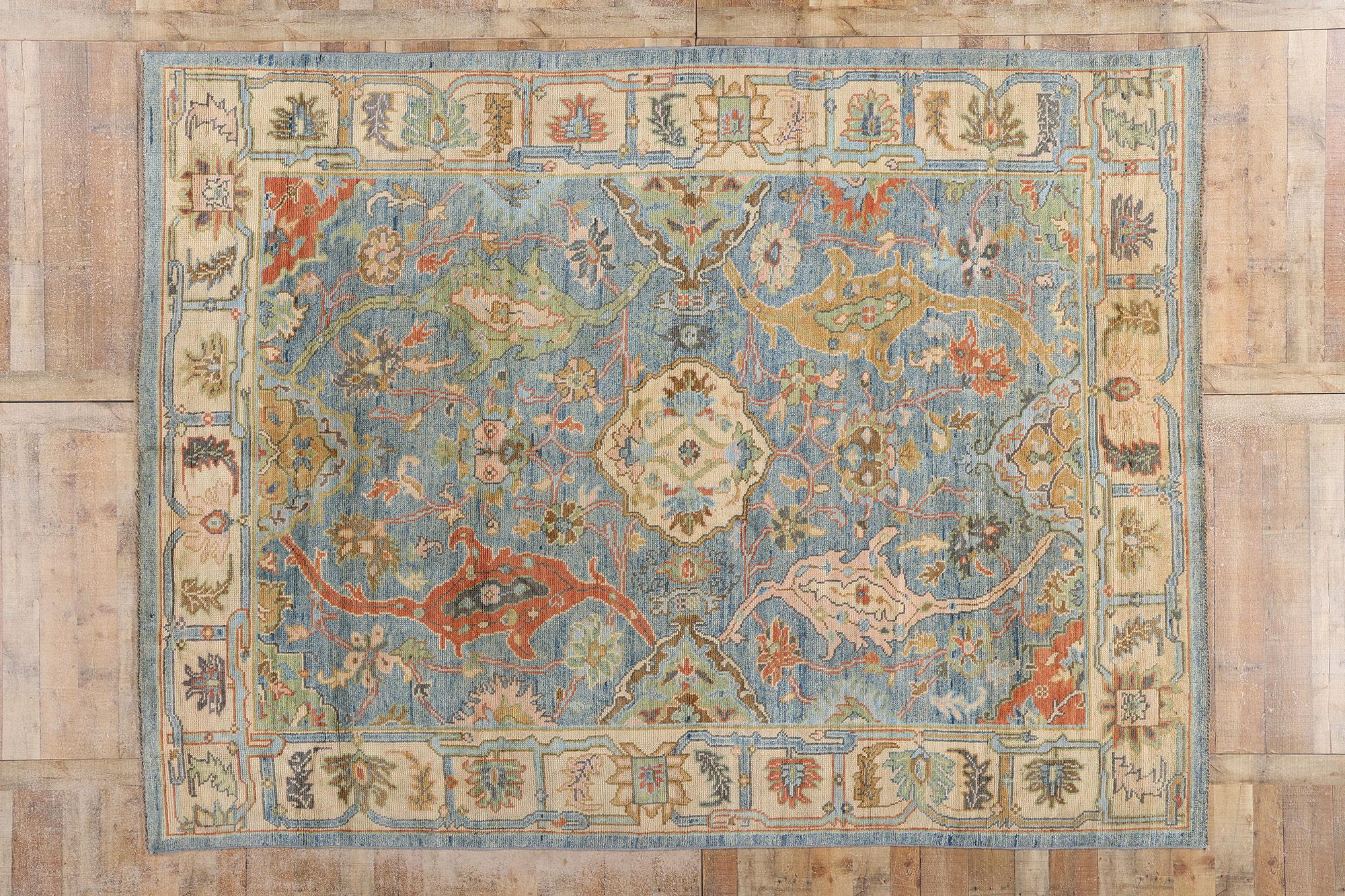 Bunter blauer Oushak-Teppich, Moderne Eleganz trifft auf Maximalismus im Angebot 3
