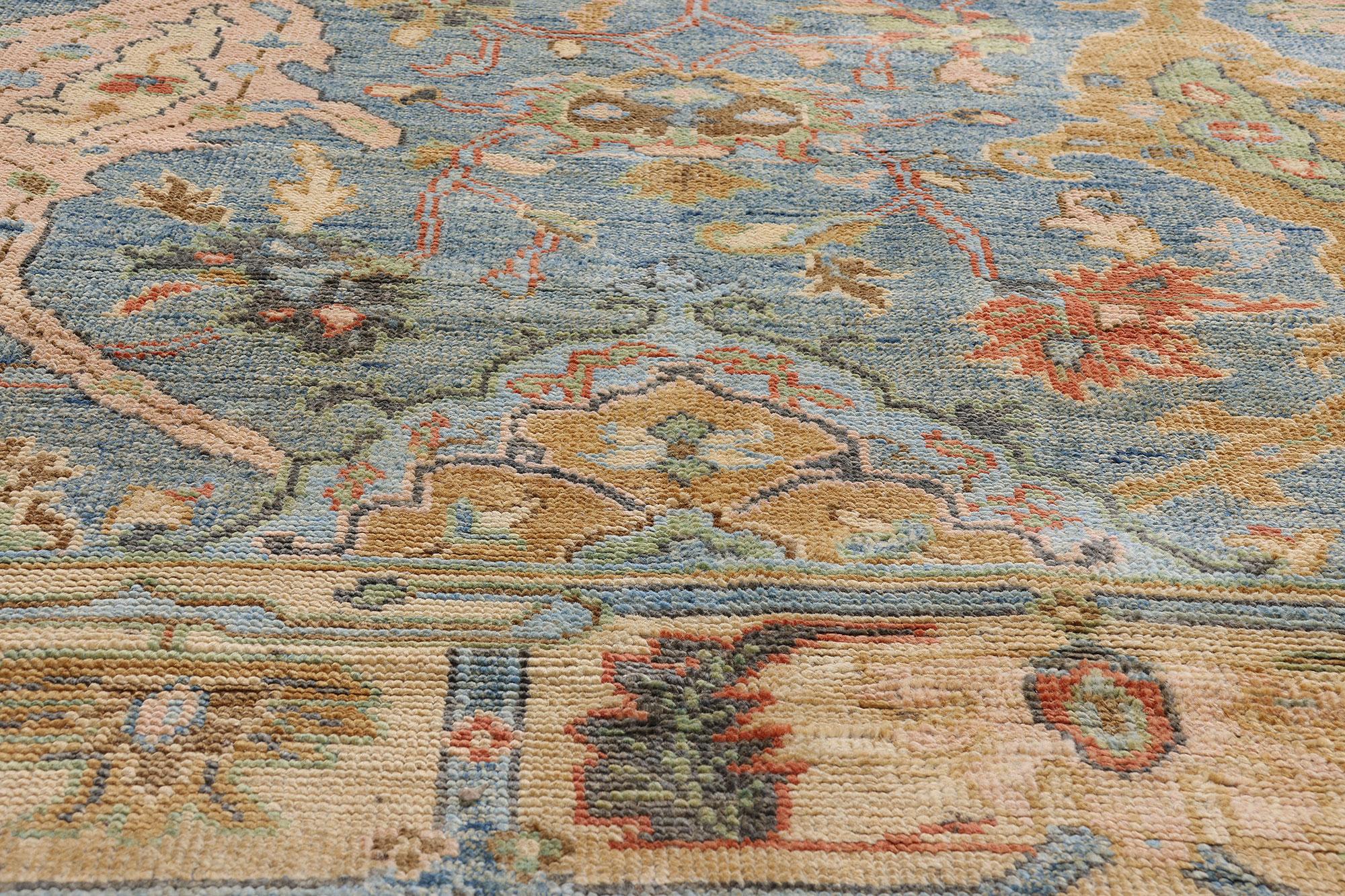 Bunter blauer Oushak-Teppich, Moderne Eleganz trifft auf Maximalismus (Pakistanisch) im Angebot