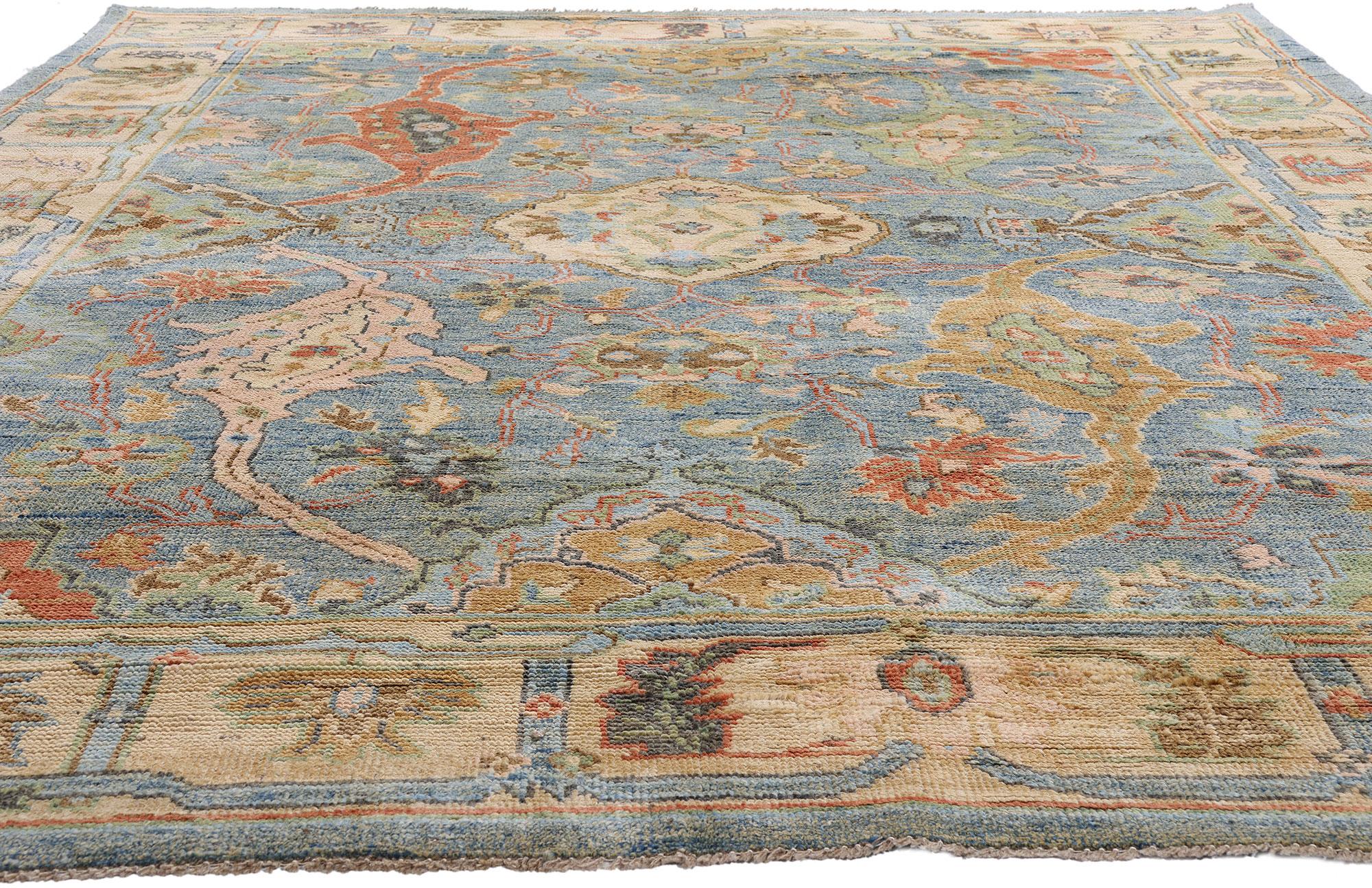 Bunter blauer Oushak-Teppich, Moderne Eleganz trifft auf Maximalismus (21. Jahrhundert und zeitgenössisch) im Angebot