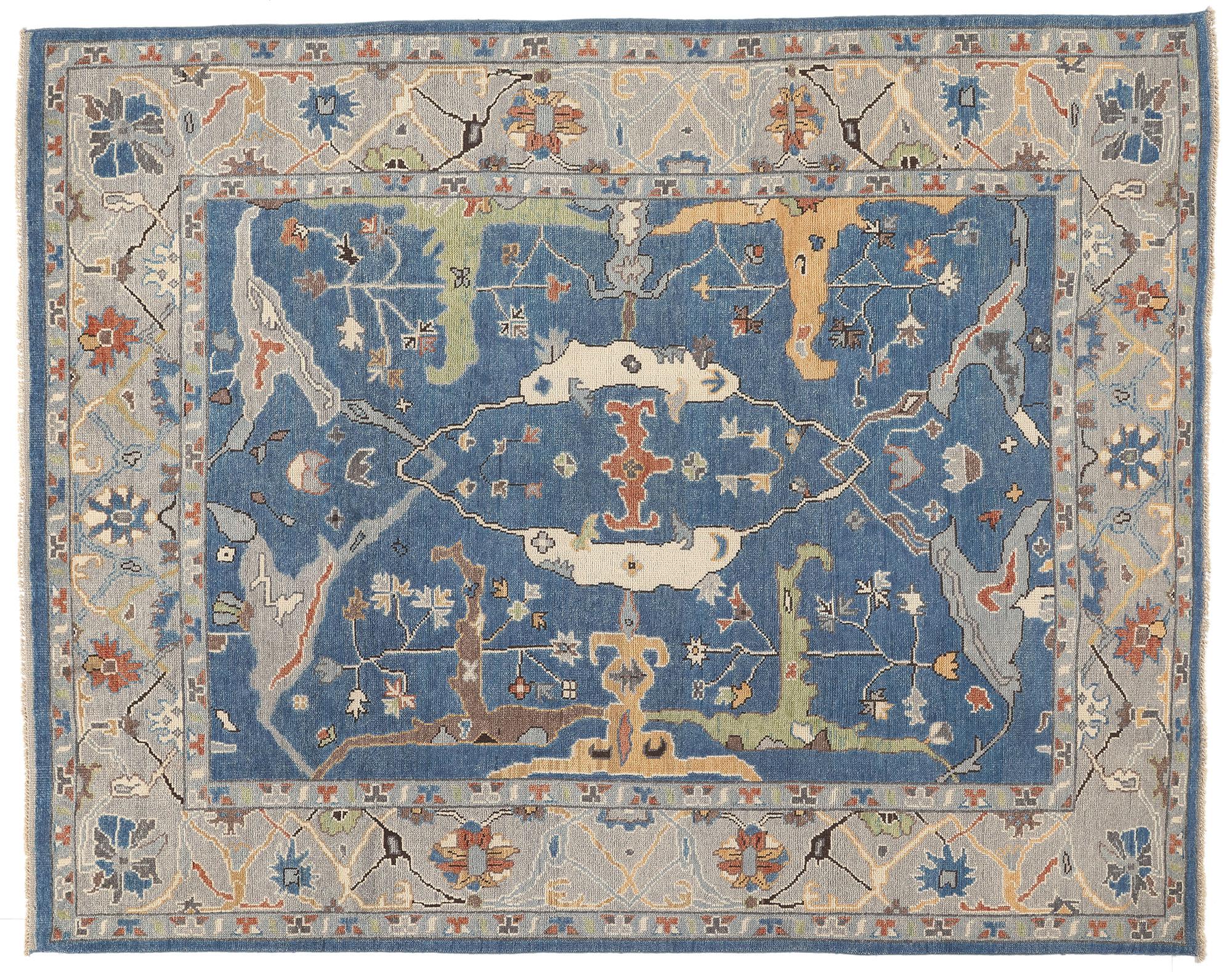 New Colorful Blue Oushak Rug with Modern Style For Sale 3