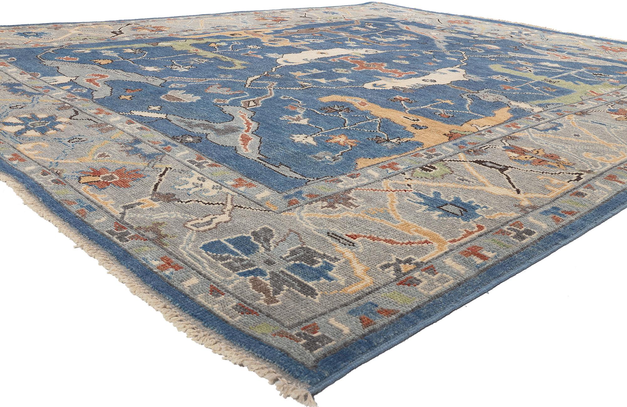 80990 New Colorful Blue Oushak Rug with Modern Style, 09'01 x 11'04. Emanating modern style with incredible detail and texture, this colorful blue Oushak rug is the answer to upscale design furnishings, whether generously or gingerly appointed. The