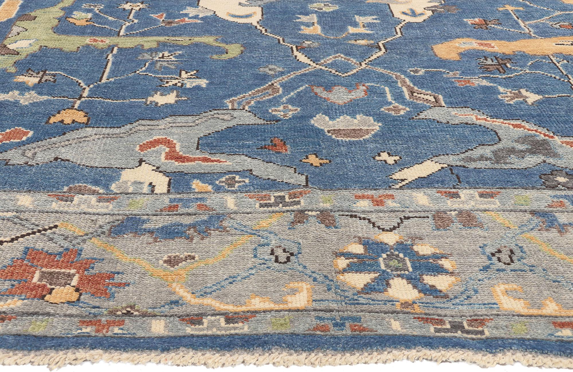 Hand-Knotted New Colorful Blue Oushak Rug with Modern Style For Sale