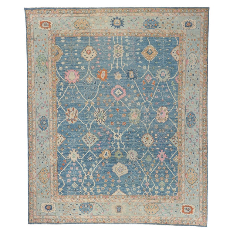 New Colorful Blue Oushak Rug with Modern Style For Sale at 1stDibs