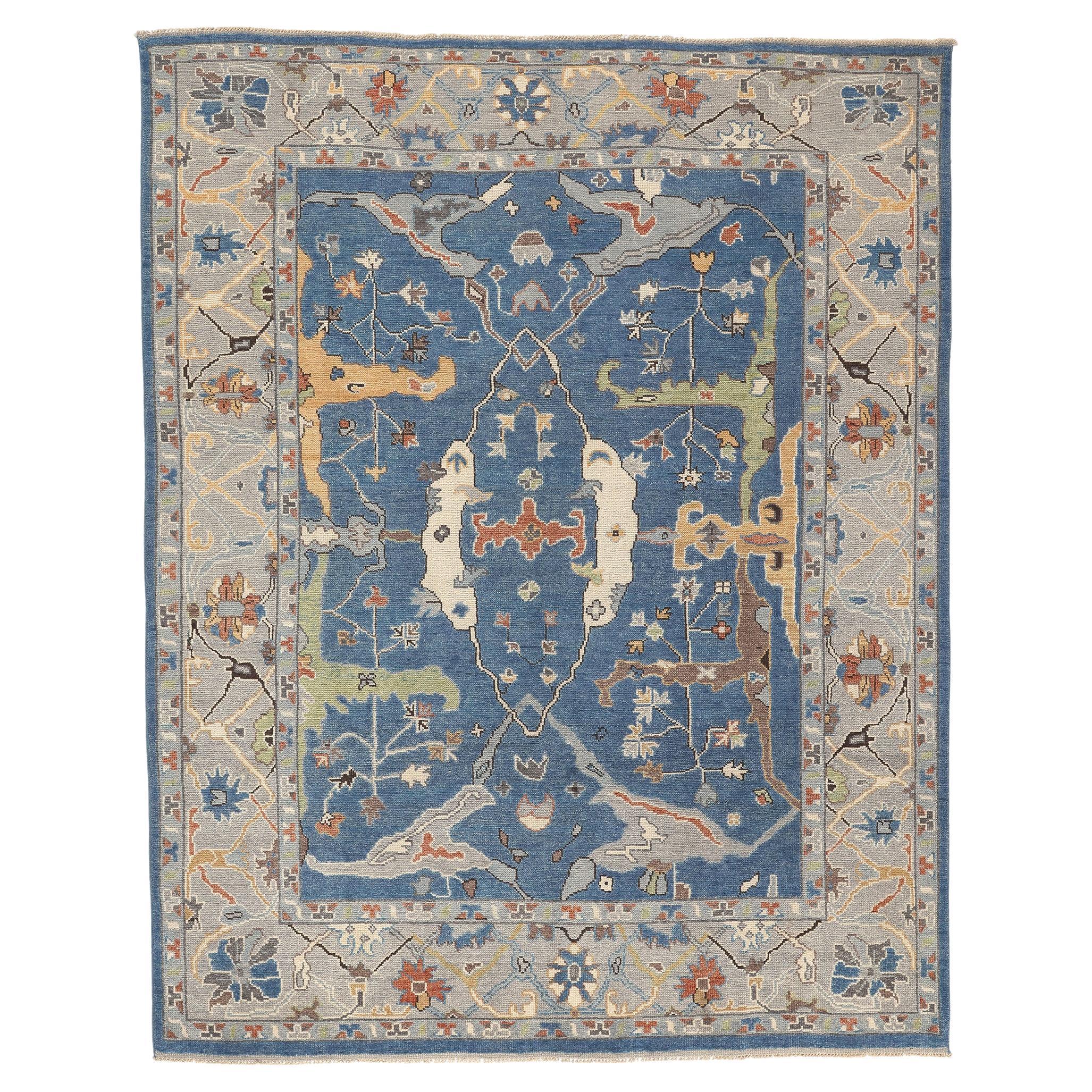 New Colorful Blue Oushak Rug with Modern Style For Sale