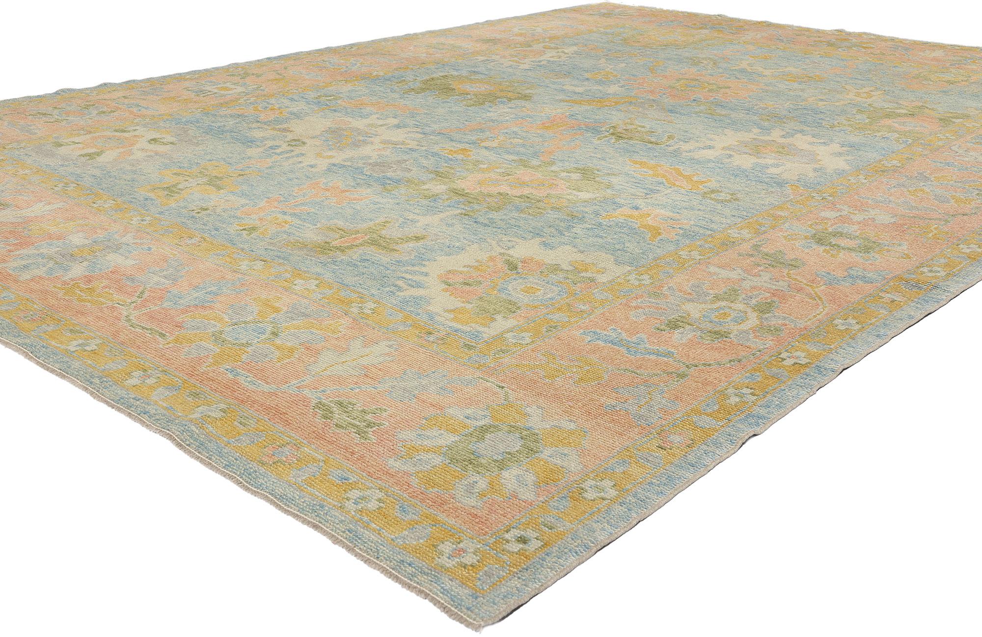 53952 New Colorful Blue Turkish Oushak Rug, 09'00 x 12'07. Dieser moderne türkische Oushak-Teppich aus handgeknüpfter Wolle ist ein reizvolles Farb- und Designtableau, das traditionelle Handwerkskunst mit einer lebendigen Ästhetik verbindet. Das