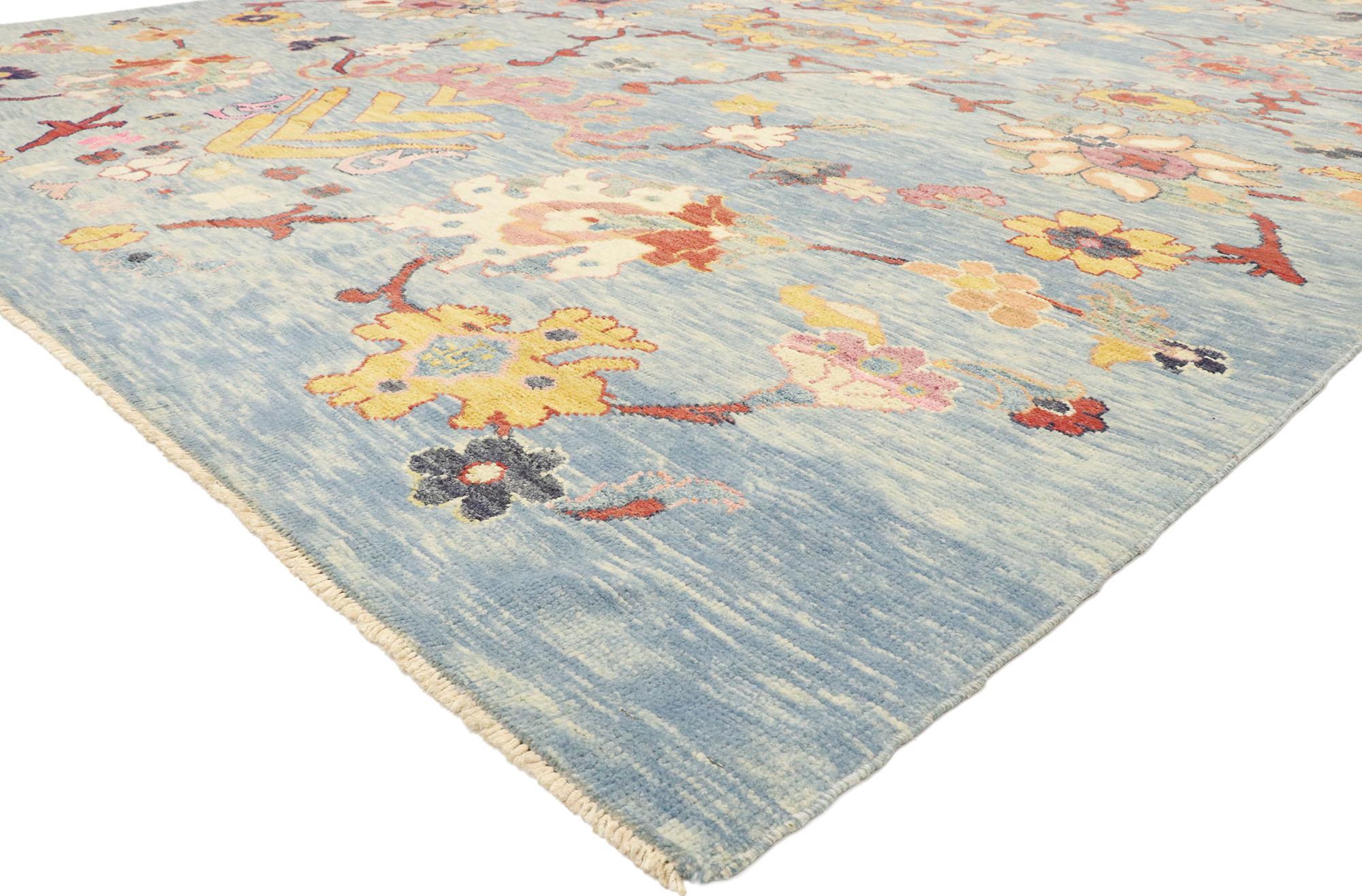 60745, new colorful blue Turkish Oushak rug with Modern Contemporary style. Blending elements from the modern world with a happy color palette, this hand knotted wool contemporary Oushak rug will boost the coziness factor in nearly any space. The