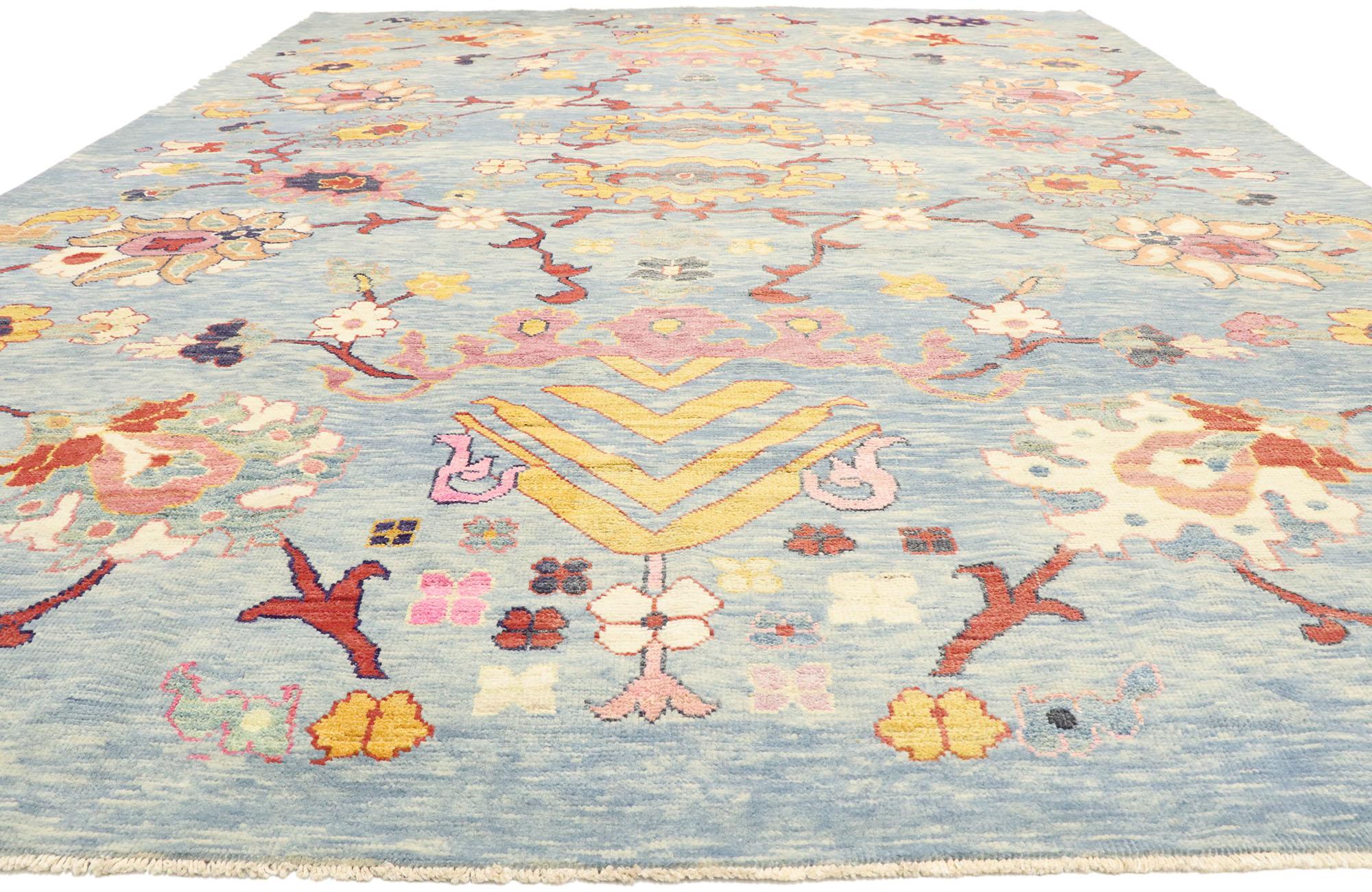 Hand-Knotted New Colorful Blue Turkish Oushak Rug with Modern Contemporary Style