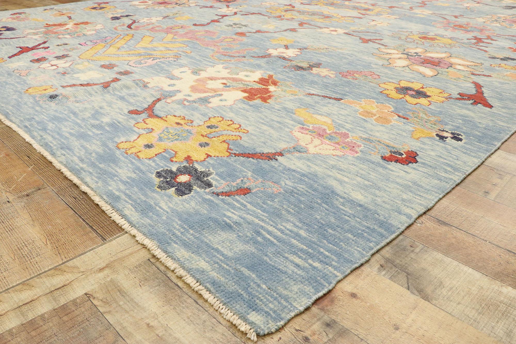 New Colorful Blue Turkish Oushak Rug with Modern Contemporary Style 1