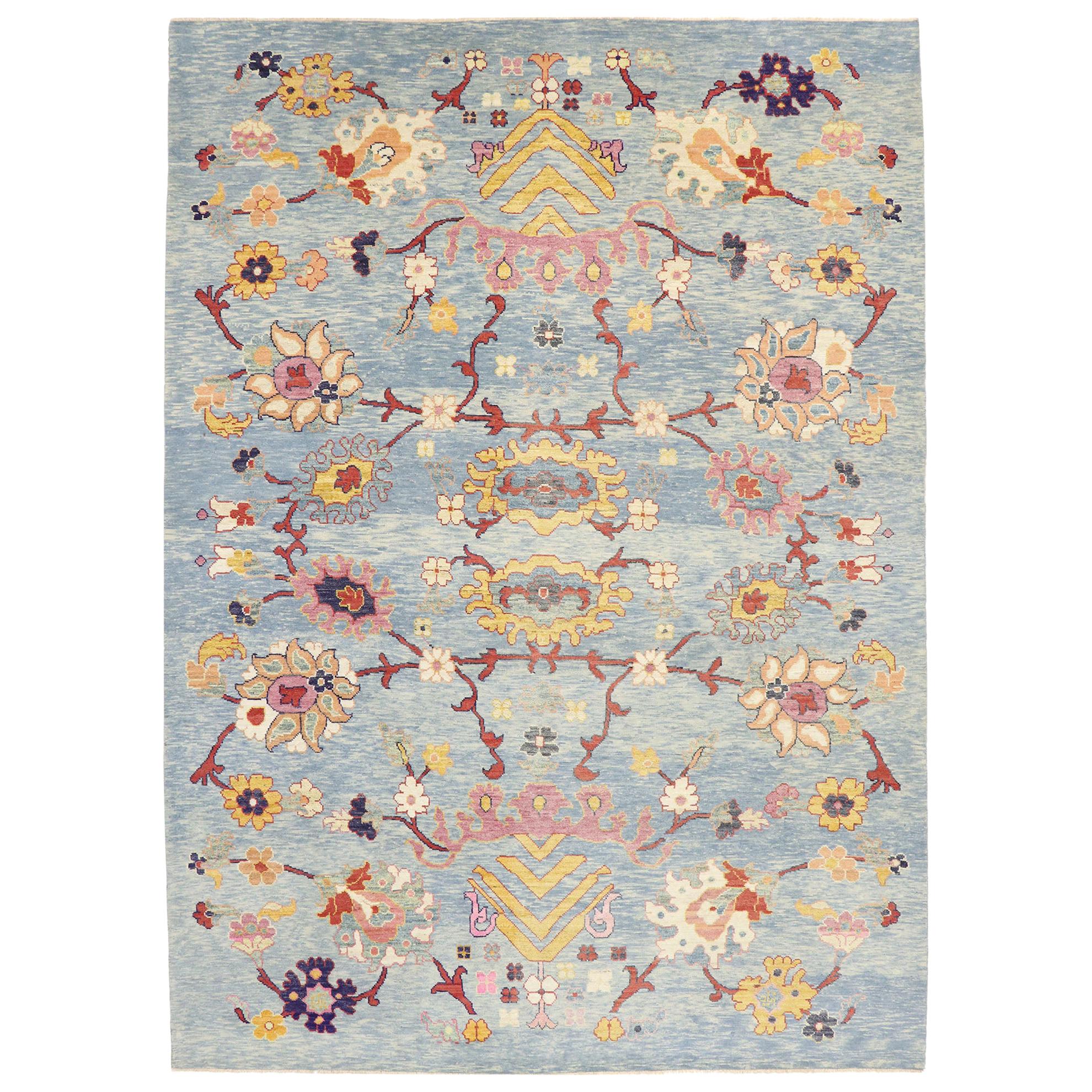 New Colorful Blue Turkish Oushak Rug with Modern Contemporary Style