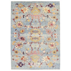 New Colorful Blue Turkish Oushak Rug with Modern Contemporary Style