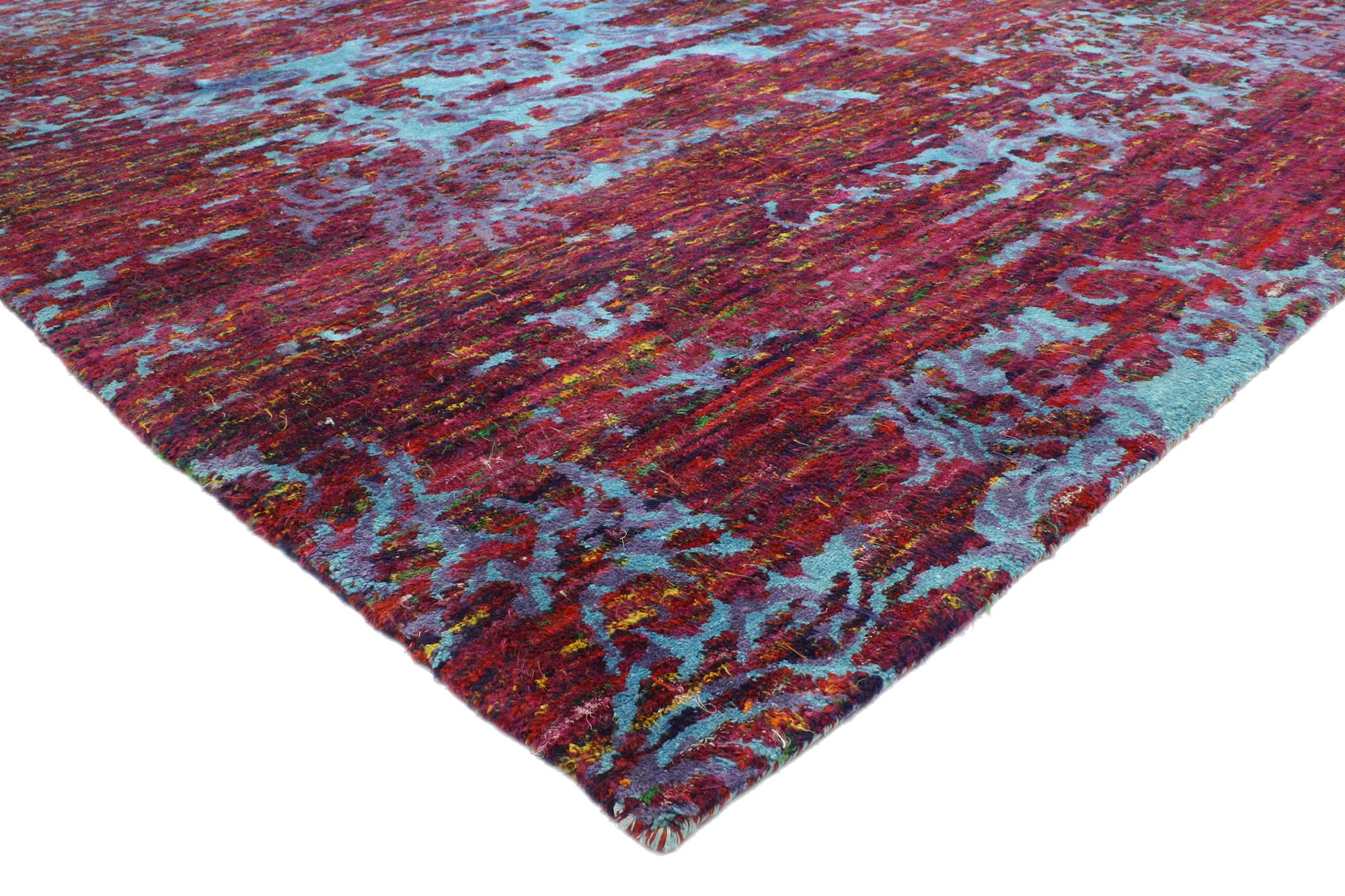 30003 New Contemporary Abstract Indian Rug, 07'11 x 09'11. Ammira un capolavoro di arte moderna. Questo tappeto contemporaneo annodato a mano proveniente dall'India vanta un design astratto, ricco di texture e dettagli. Il design astratto