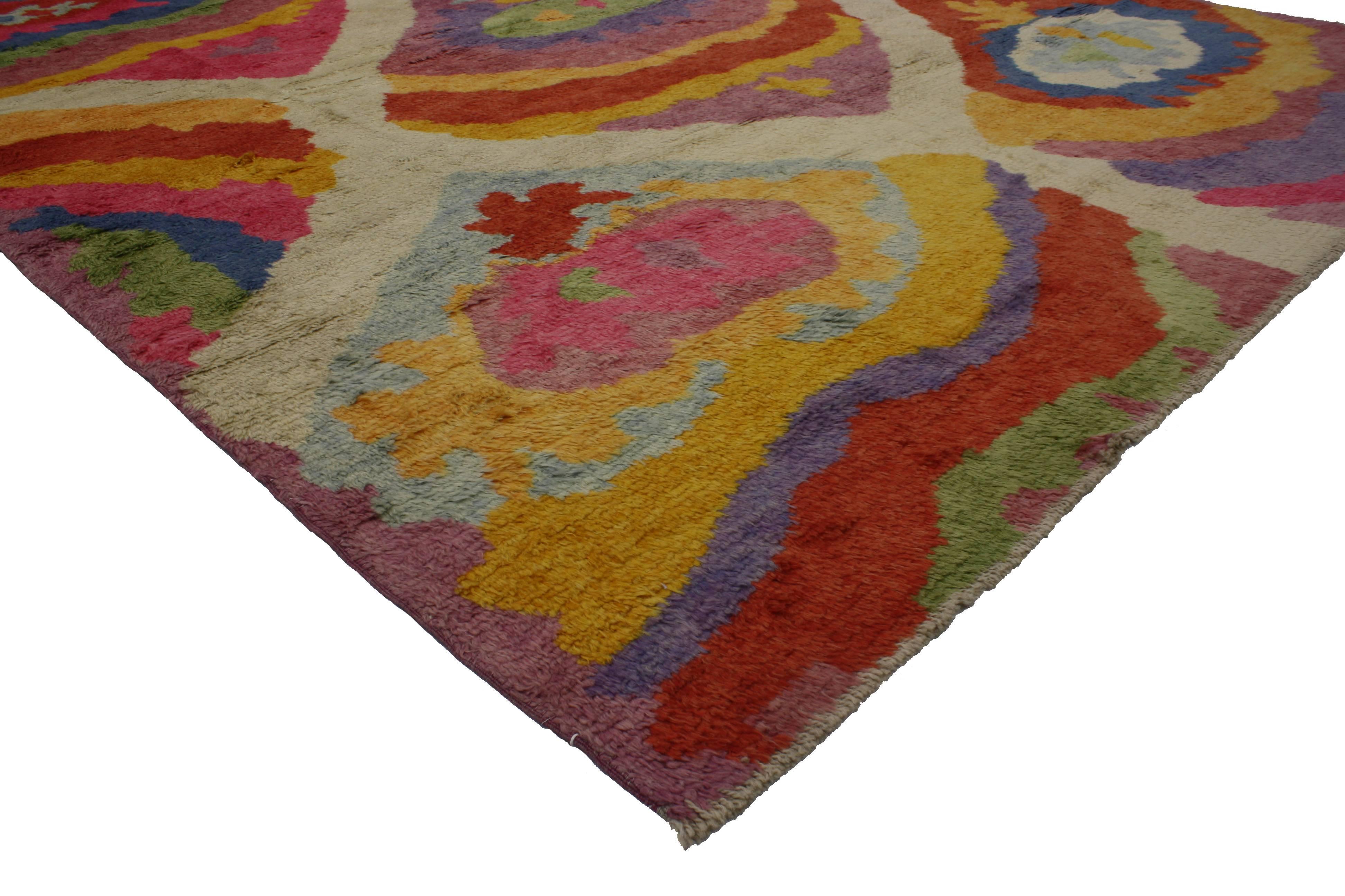 51864 new colorful contemporary Tulu Shag Area rug Inspired by Robert Delaunay. This hand knotted wool contemporary Tulu shag area rug with Postmodern style showcases an all-over adventurous geometric pattern composed of ambiguous organic shapes in