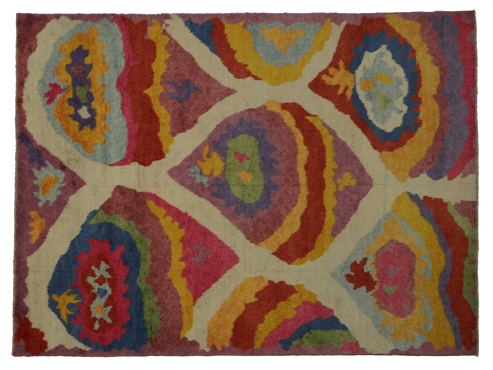 Hand-Knotted New Colorful Contemporary Tulu Shag Area Rug Inspired by Robert Delaunay