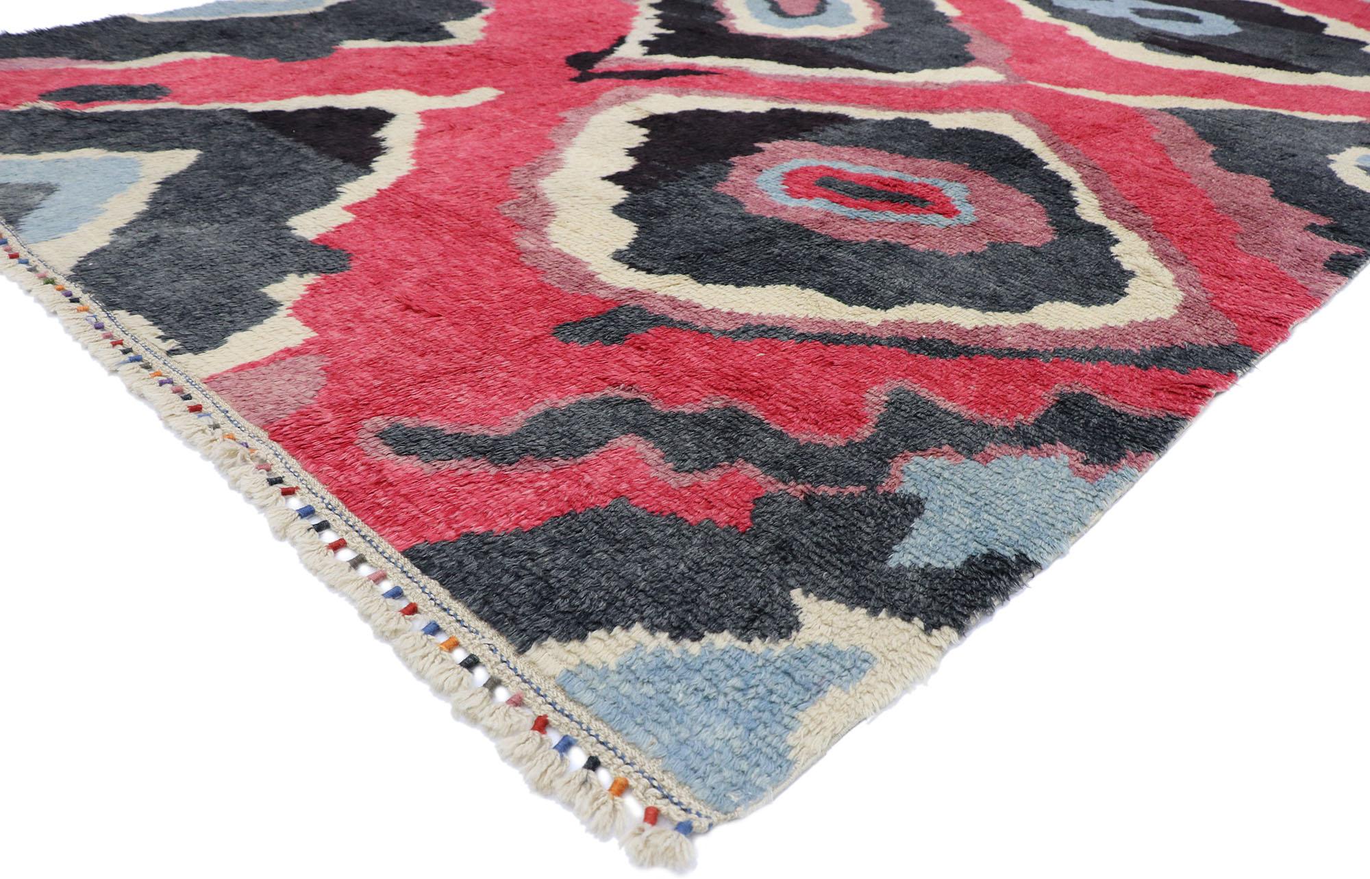 51872, new colorful contemporary Tulu Shag Area rug Inspired by Sonia Delaunay. This hand knotted wool contemporary Tulu shag area rug with Postmodern style showcases an all-over adventurous geometric pattern composed of ambiguous organic shapes in