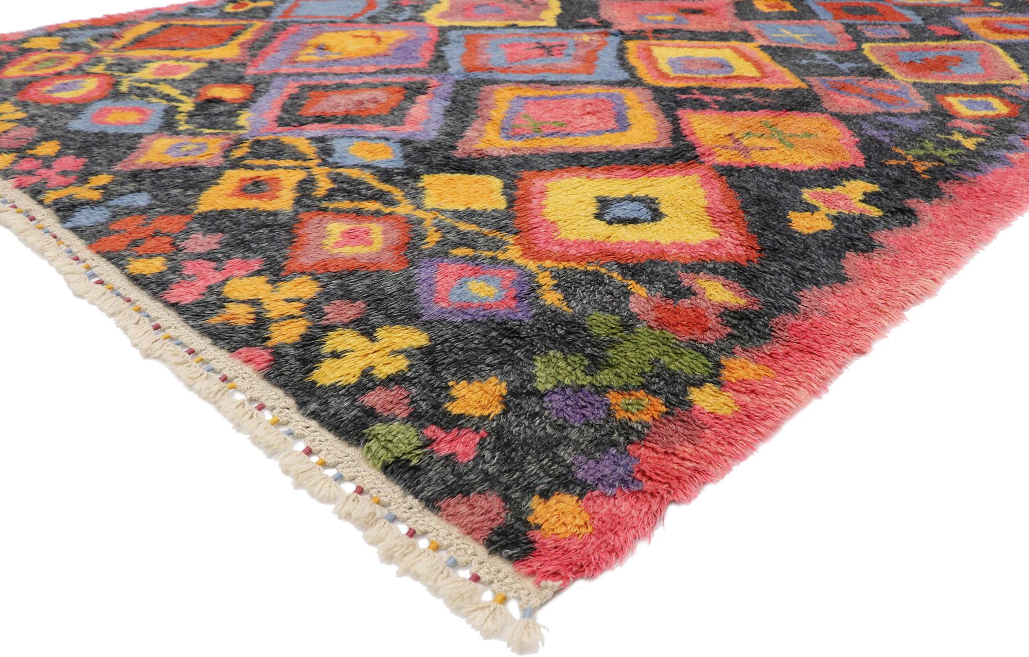 51874, new colorful contemporary Tulu Shag area rug with Tribal style. This hand knotted wool contemporary Tulu shag area rug with tribal style beautifully showcases Folk Art creativity. The composition is composed of an all-over lozenge pattern of