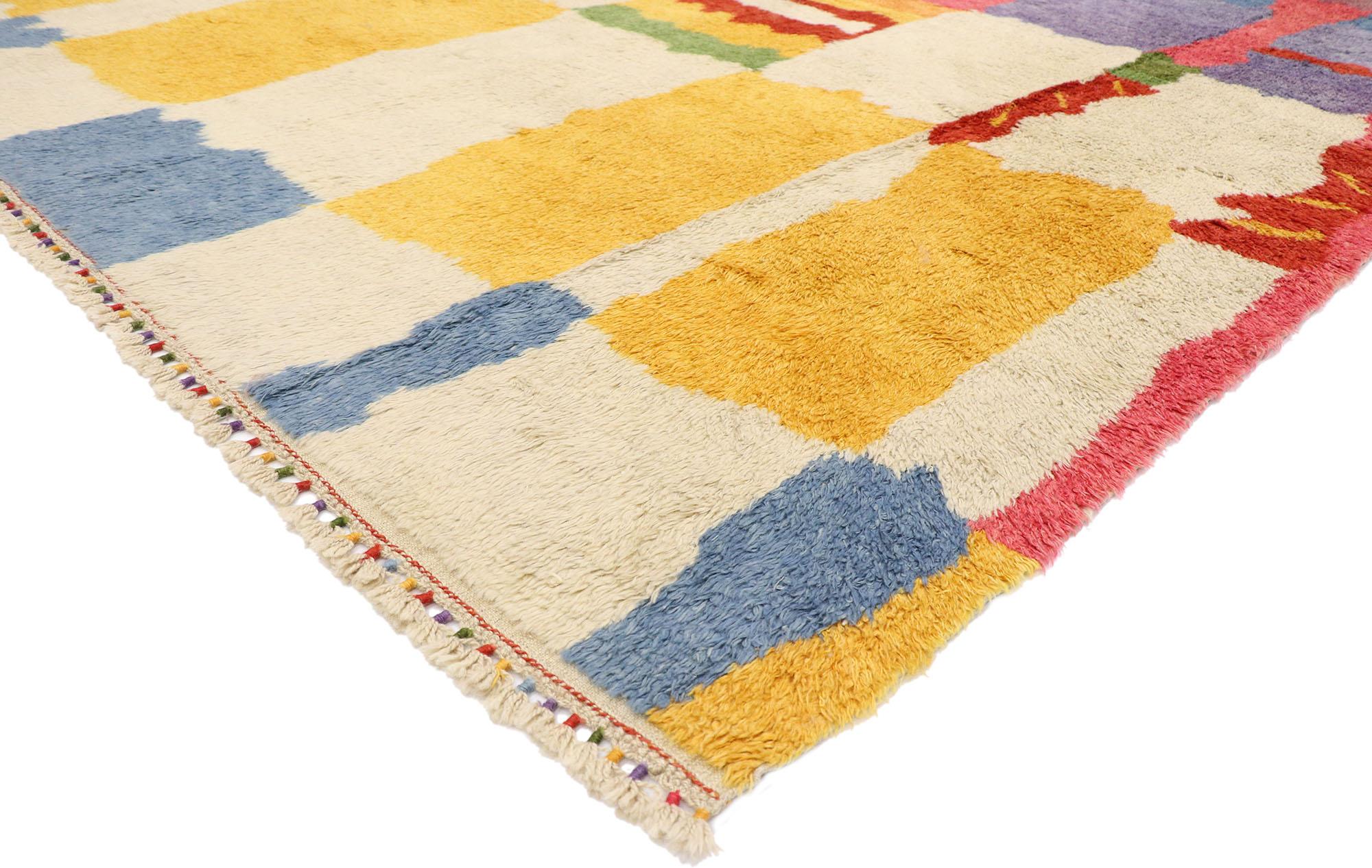 51870, new colorful contemporary Tulu Shag rug Inspired by Hans Hofmann and Karl Benjamin. This hand knotted wool contemporary Tulu shag area rug with Postmodern Cubism Bauhaus style features hard edges, asymmetrical lines, and ambiguous organic