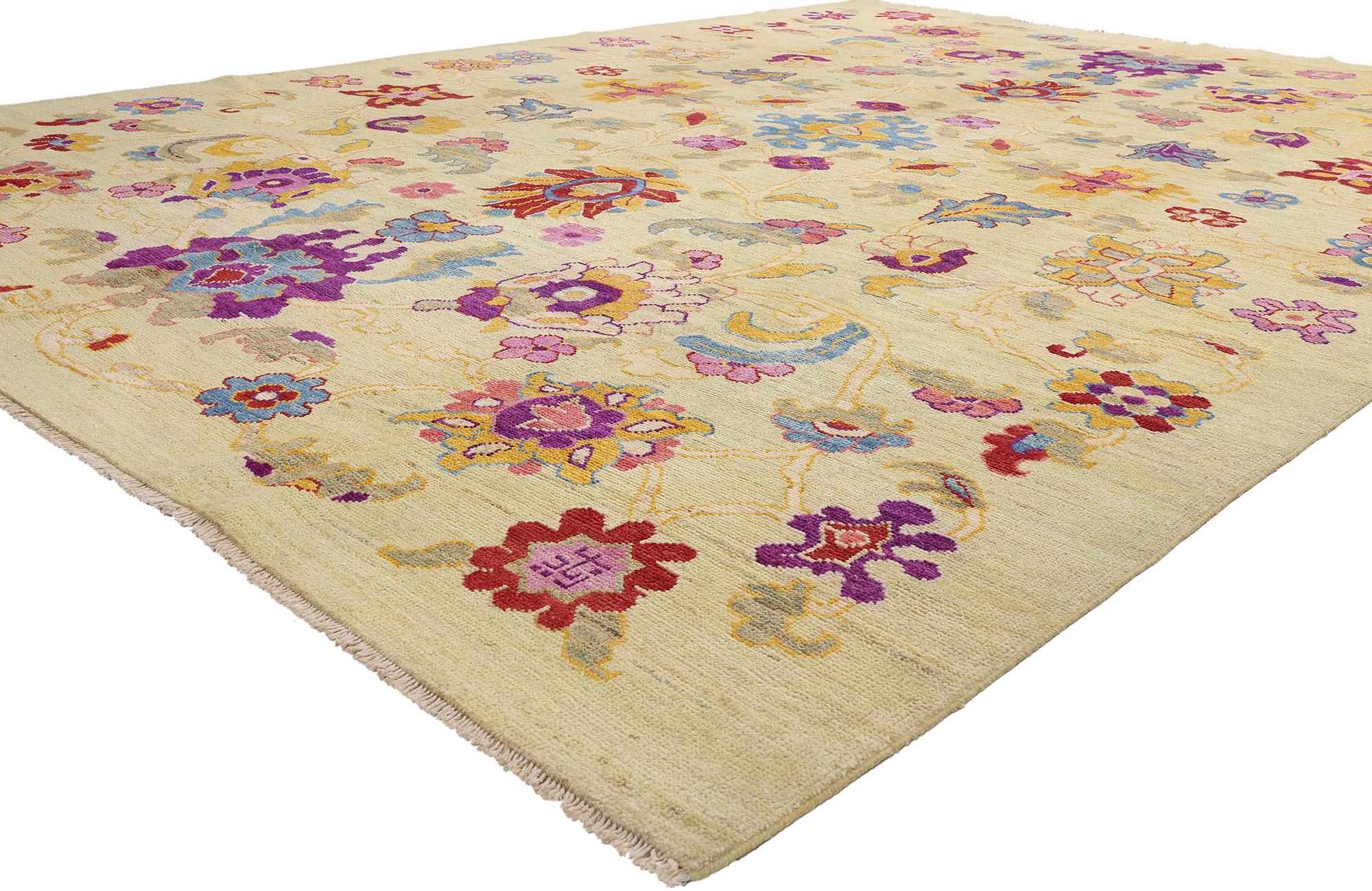 60658 Neuer farbenfroher türkischer Oushak-Teppich, 10'06 x 14'02. Dieser handgeknüpfte, farbenfrohe türkische Oushak-Teppich aus Wolle ist eine fesselnde Vision von gewebter Schönheit. Das kühne Design und die leuchtenden Farben, die in dieses