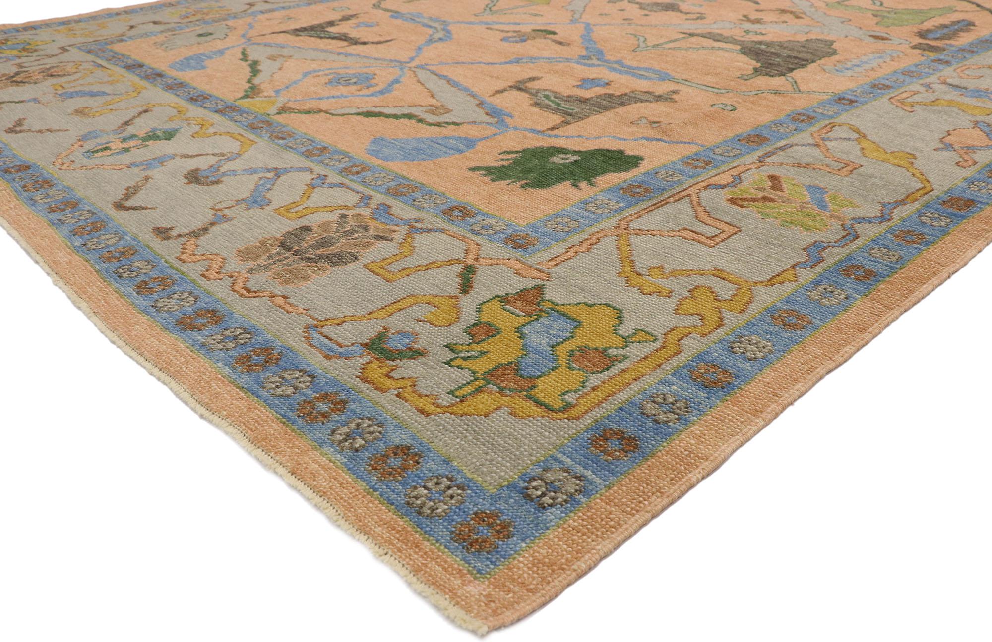 52786, neuer farbenfroher zeitgenössischer türkischer Oushak-Teppich mit modernem Stil. Der kühne geometrische Druck und die Farbakzente, die in diesen handgeknüpften Teppich aus zeitgenössischer türkischer Oushak-Wolle eingewebt sind, sorgen für