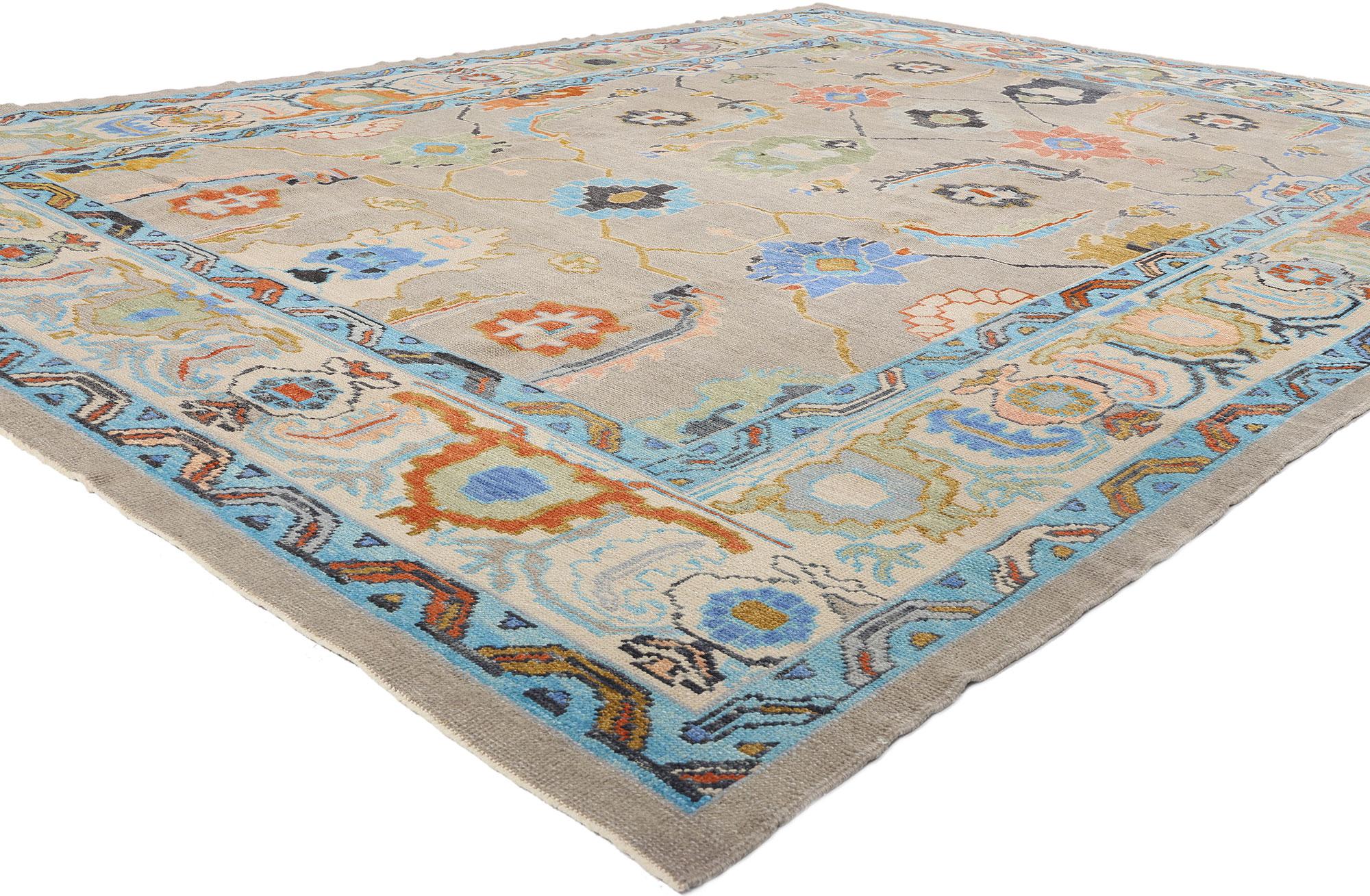 52798 New Colorful Oushak Modern Turkish Rug, 10'00 x 13'04. The hand-knotted wool exquisite one-of-a-kind Turkish Oushak rug stands out with its bold geometric print and vibrant colors, resulting in a truly exceptional appearance. An allover
