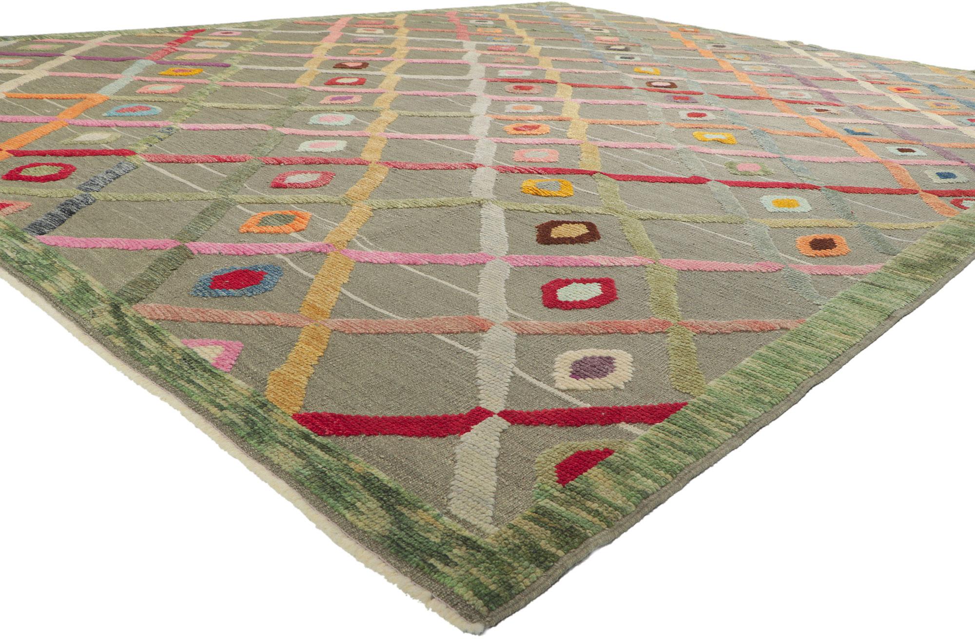 53785 New colorful high-low rug, 10.07 x 13.05.
Showcasing a raised design with incredible detail and texture, this geometric high-low rug is a captivating vision of woven beauty. The raised lattice design and lively colorway woven into this piece