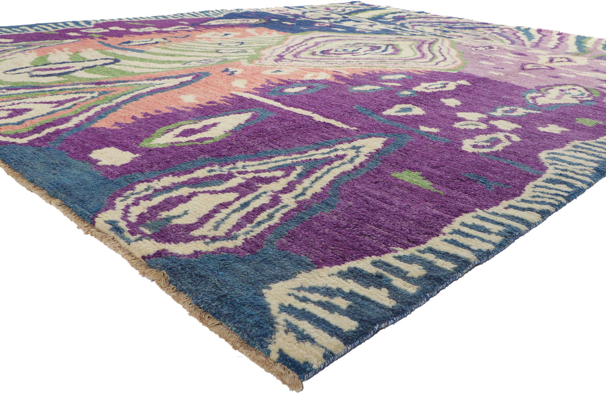 80350 New Moroccan Area Rug, 10'05 x 13'02.
Reflecting esoteric elements with incredible detail and texture, this hand knotted wool colorful Moroccan rug is a captivating vision of woven beauty. The avant-garde design and dramatic colorway woven