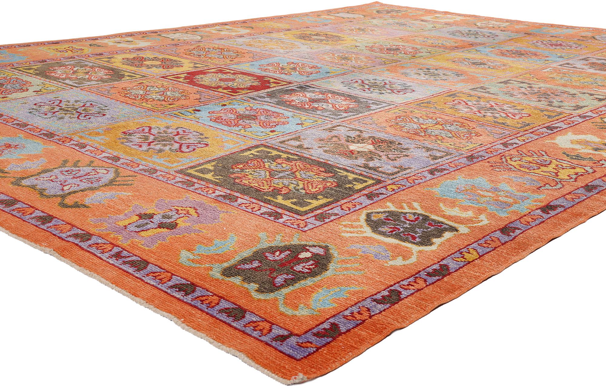 51884 New Colorful Turkish Oushak Rug with Modern Style 10'02 x 13'08. Tableau radieux de l'art contemporain et de la tradition ancienne, ce tapis turc Oushak en laine nouée à la main se déploie en une joyeuse symphonie de couleurs et de formes. Son