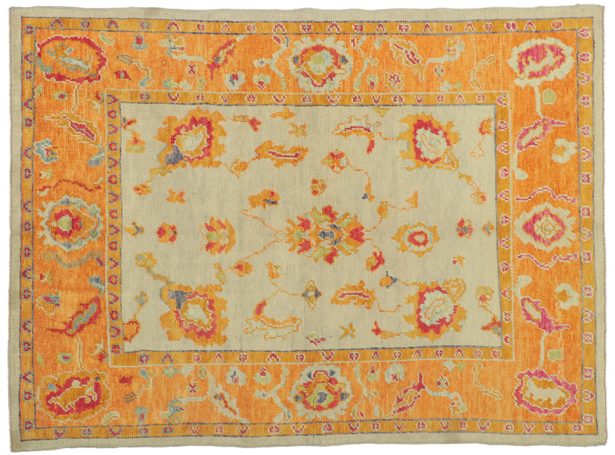 Nouveau tapis turc orange coloré d'Oushak avec style moderne en vente 3