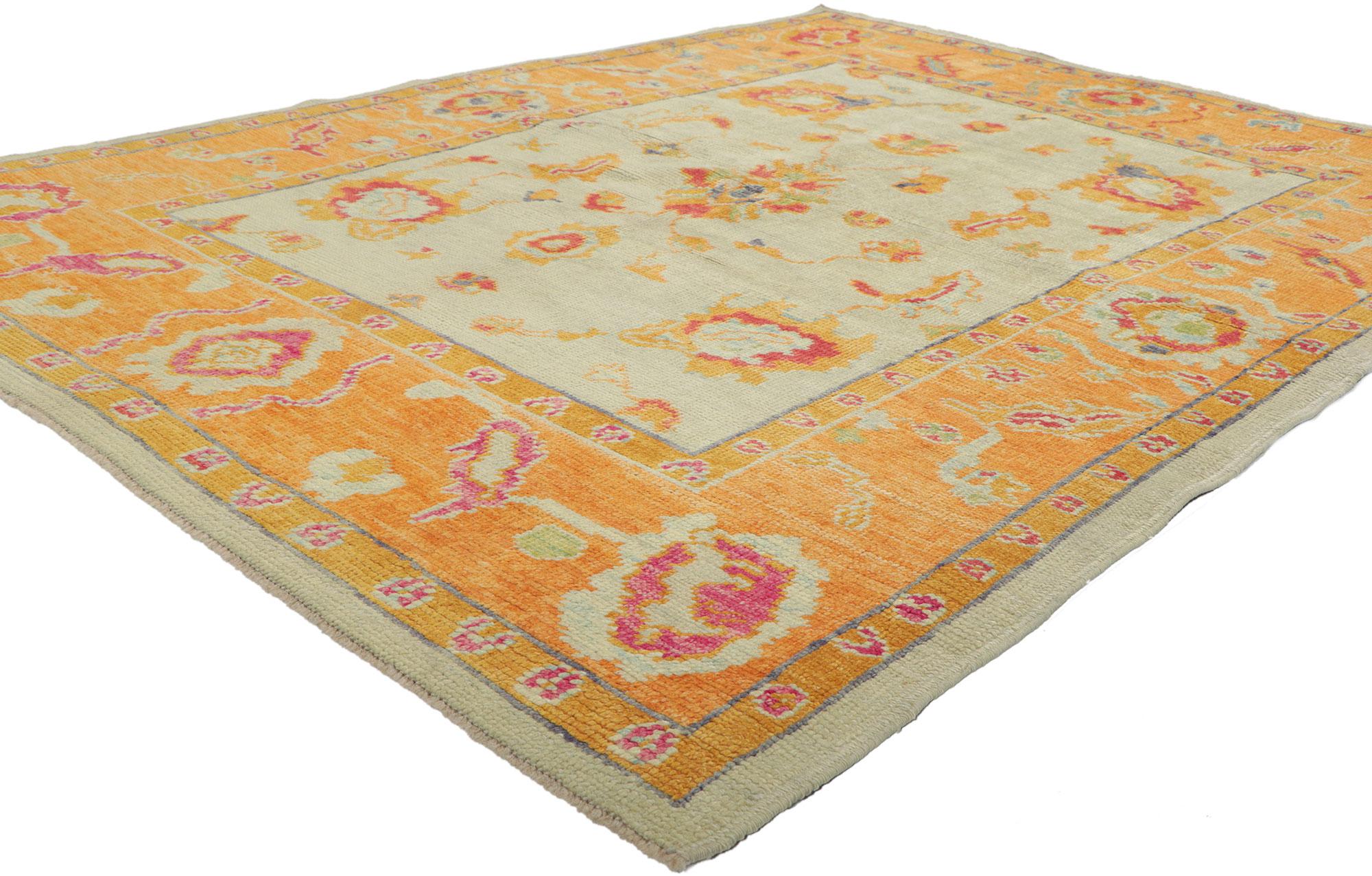 52367 New Colorful Turkish Oushak Rug, 05'00 x 06'09. 
This hand-knotted wool contemporary Turkish Oushak rug features a vibrant all-over floral pattern spread across an abrashed ivory field. Reminiscent of the classic four-and-one medallion design