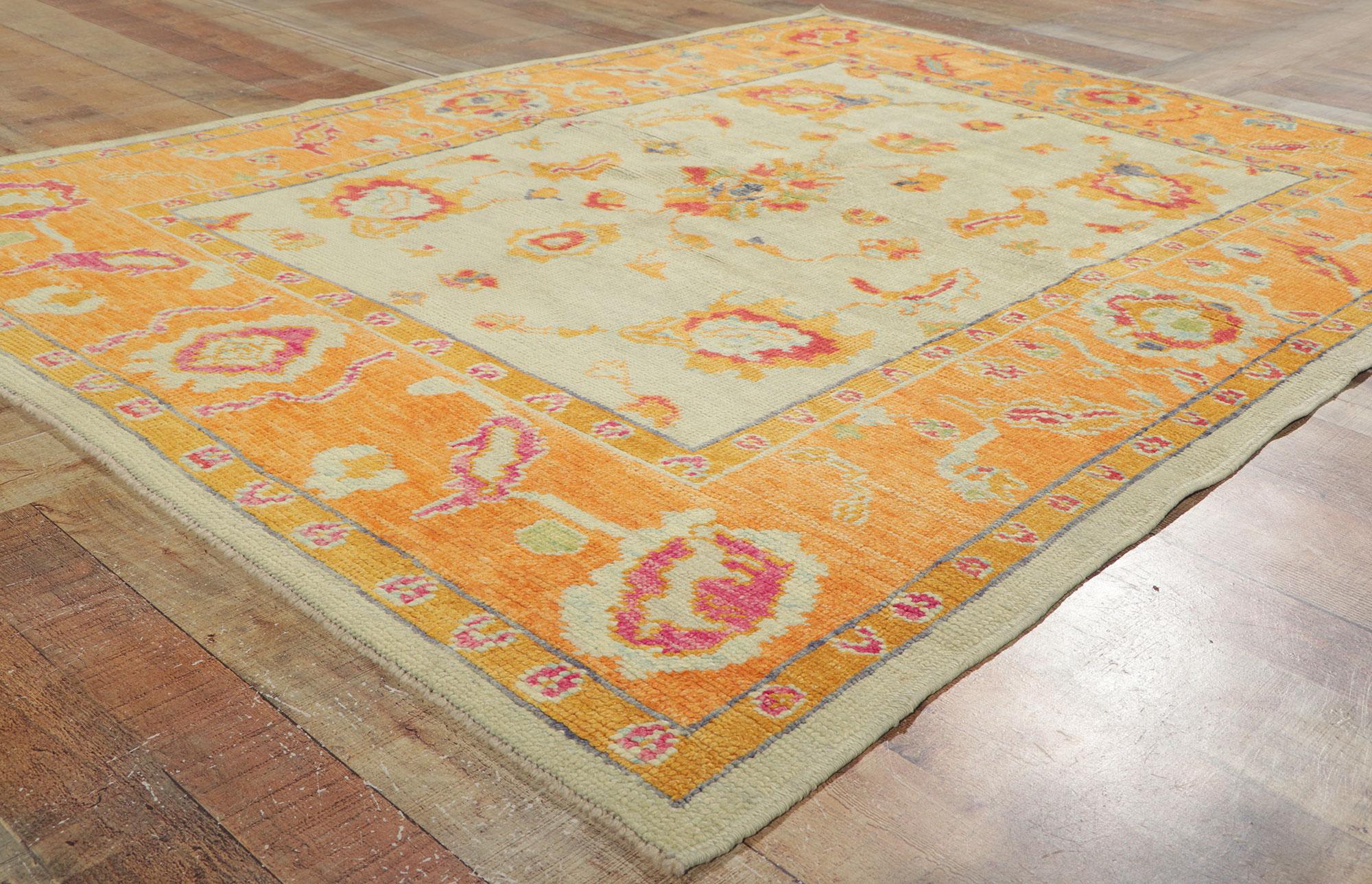 New Colorful Orange Turkish Oushak Rug with Modern Style For Sale 1