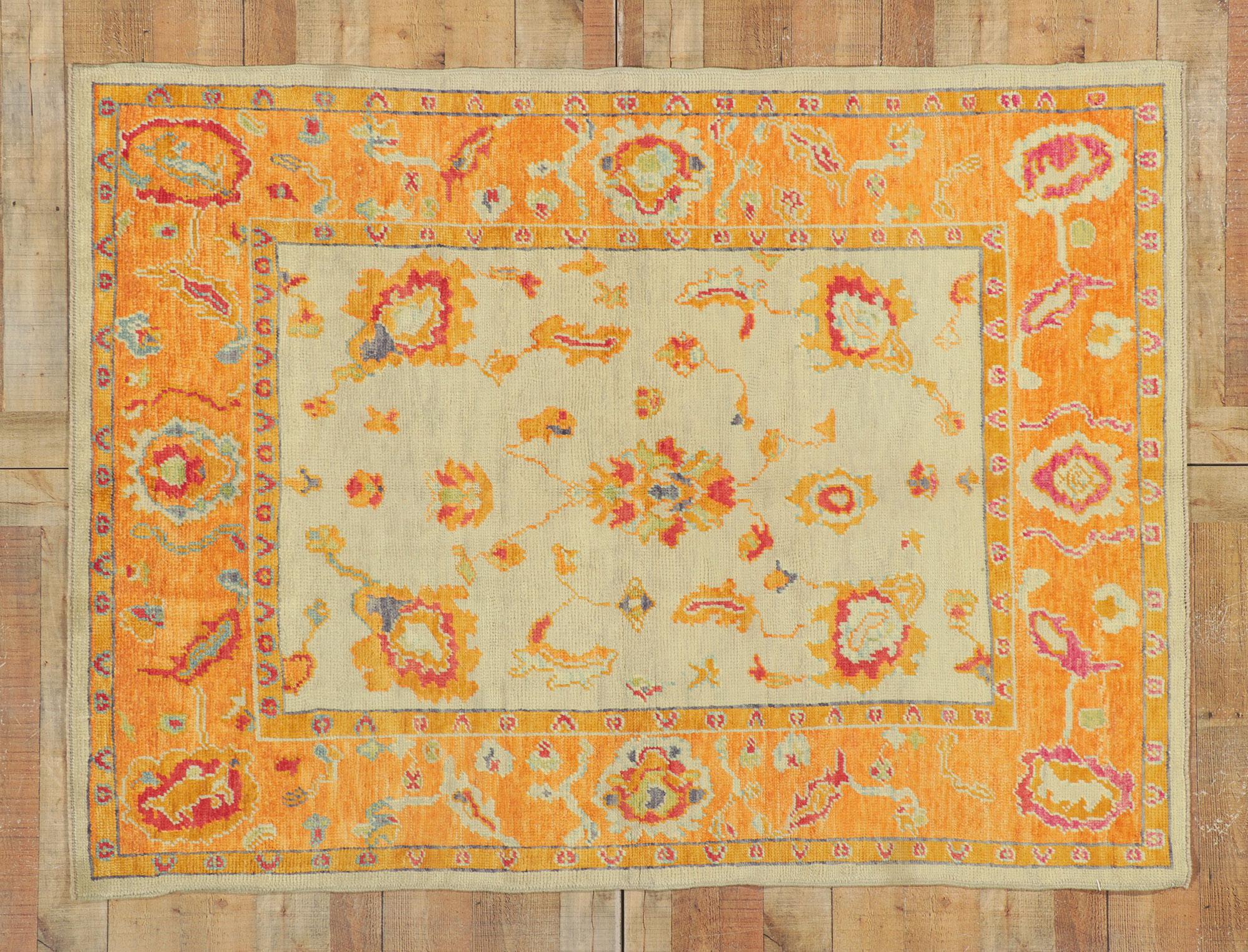New Colorful Orange Turkish Oushak Rug with Modern Style For Sale 3