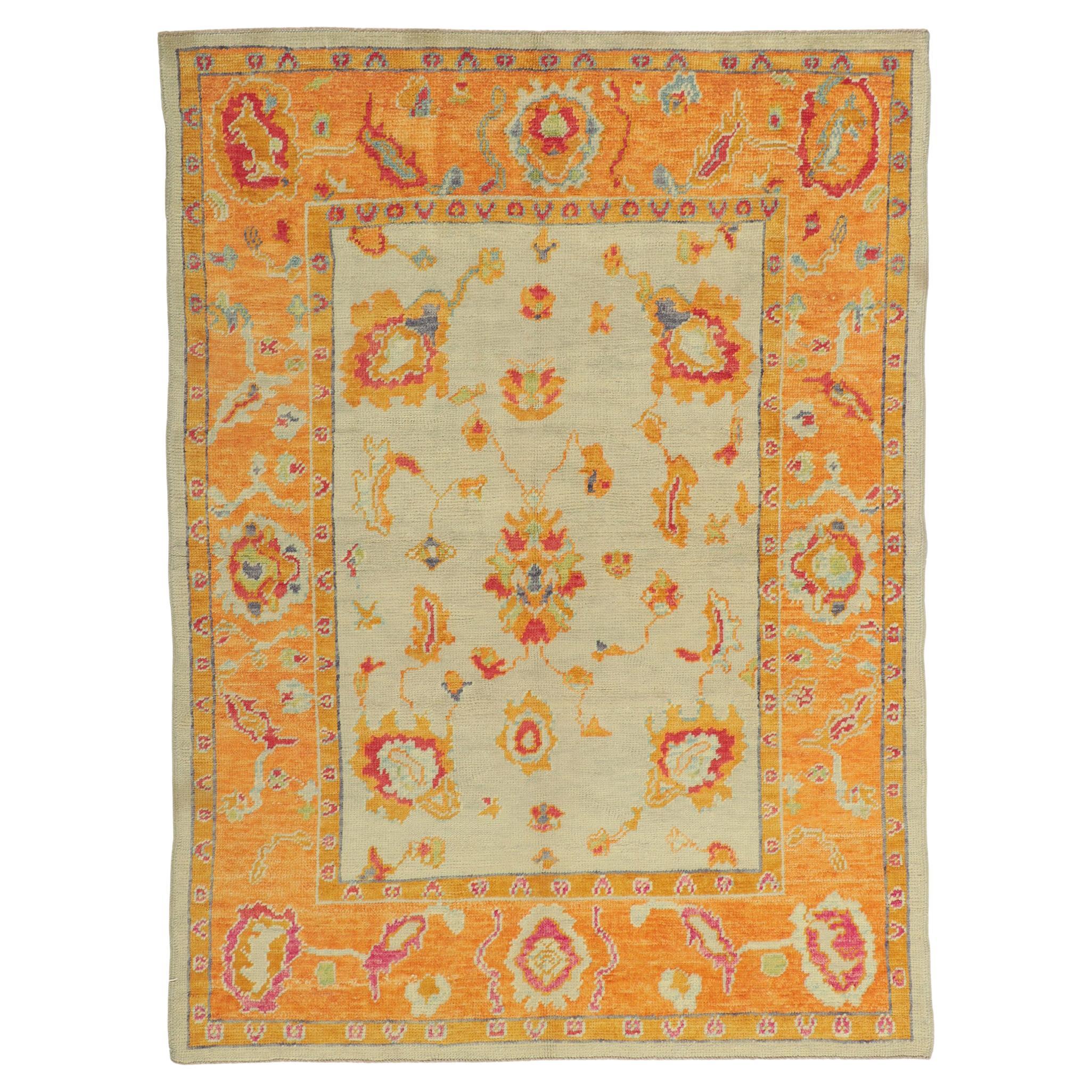 New Colorful Orange Turkish Oushak Rug with Modern Style For Sale