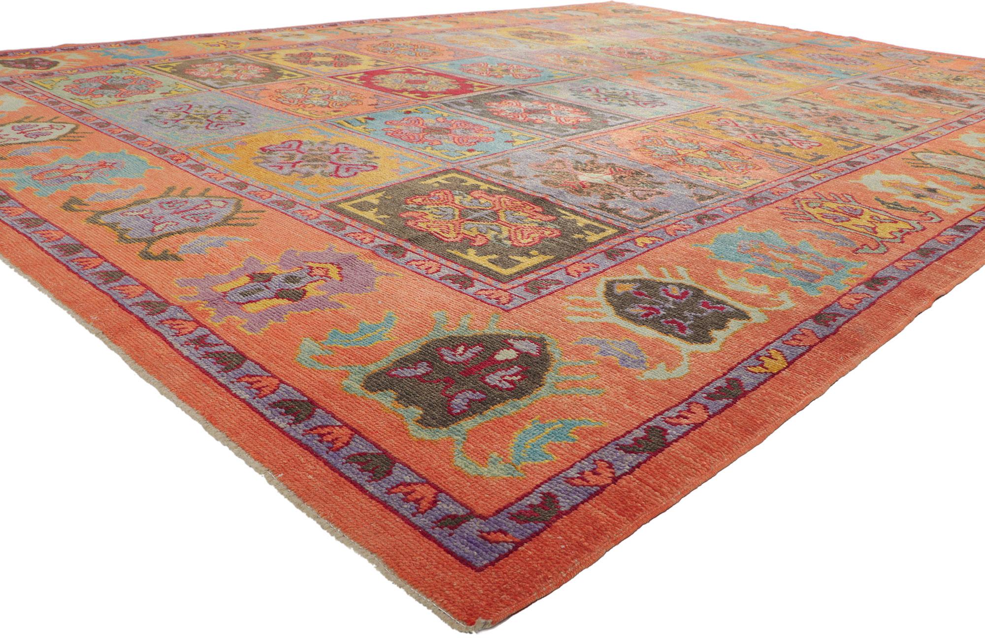 51884 New Colorful Turkish Oushak Rug with Modern Style 10.02 x 13.08.
Polished and playful, this hand knotted wool contemporary Turkish Oushak rug is a captivating vision of woven beauty. The abrashed orange field features an allover geometric
