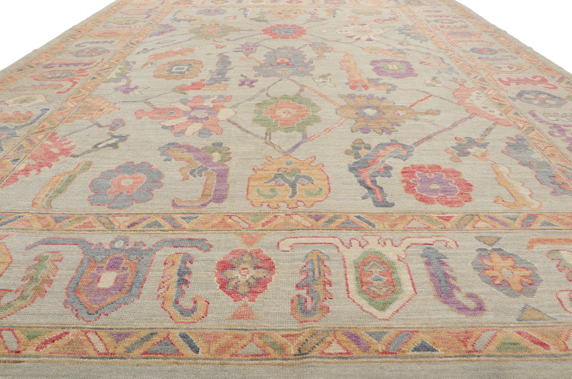 Hand-Knotted New Colorful Oushak Rug, Modern Style Meets Bridgerton Regency Era For Sale