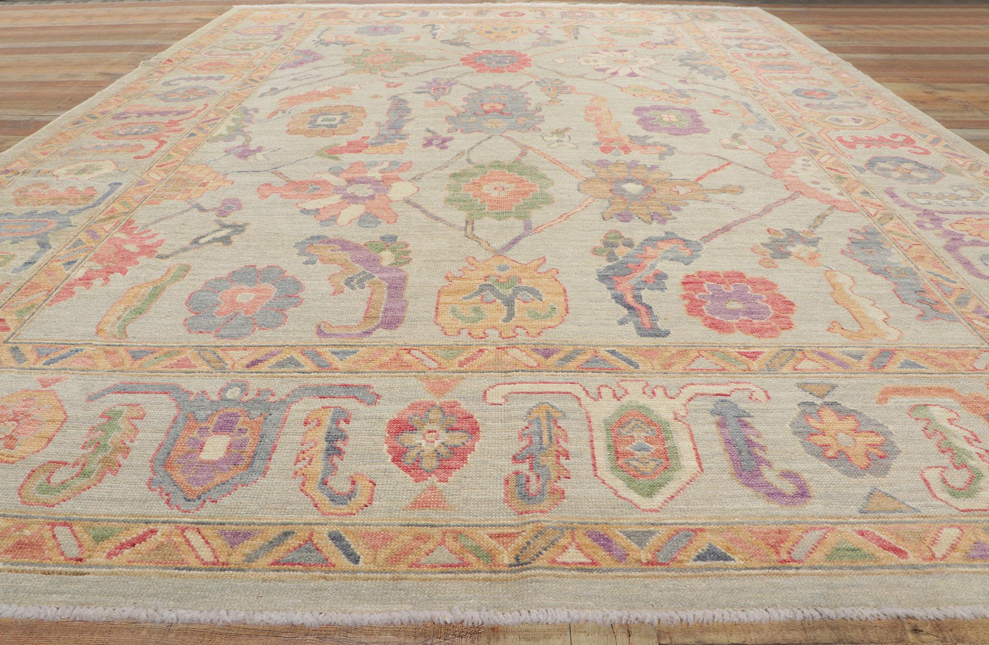 Hand-Knotted New Colorful Oushak Rug, Modern Style Meets Bridgerton Regency Era For Sale