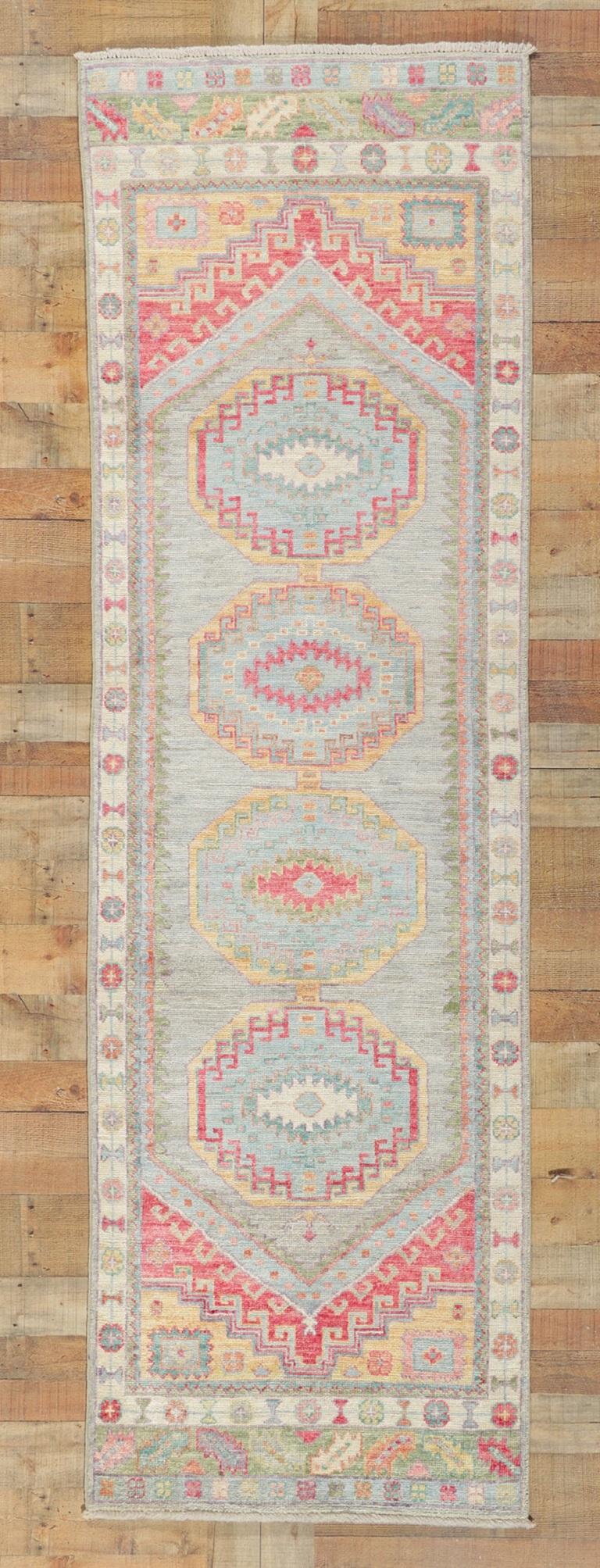 Hand-Knotted New Colorful Oushak Runner For Sale