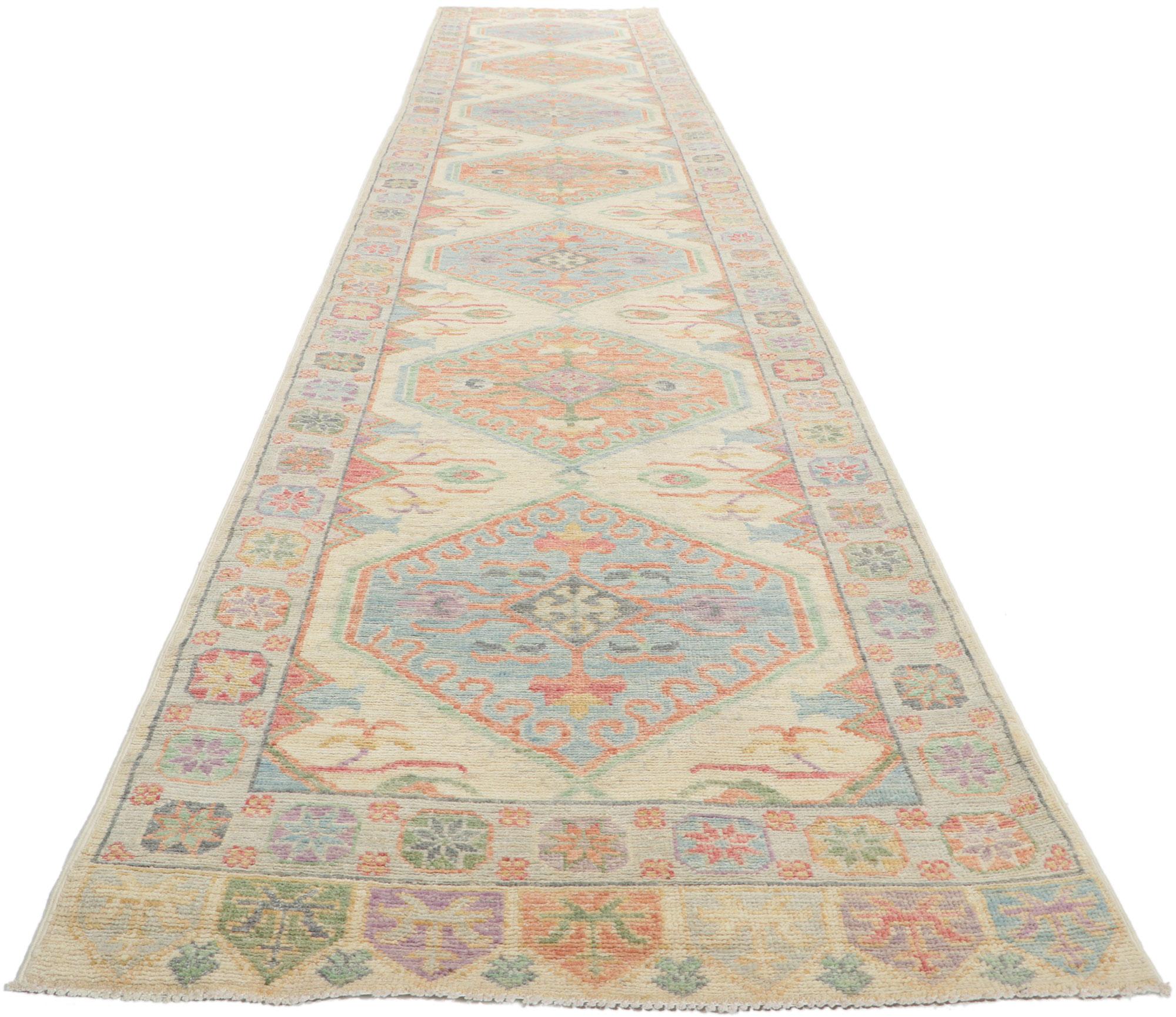 Pakistani New Colorful Oushak Runner with Modern Vintage-Inspired Style For Sale