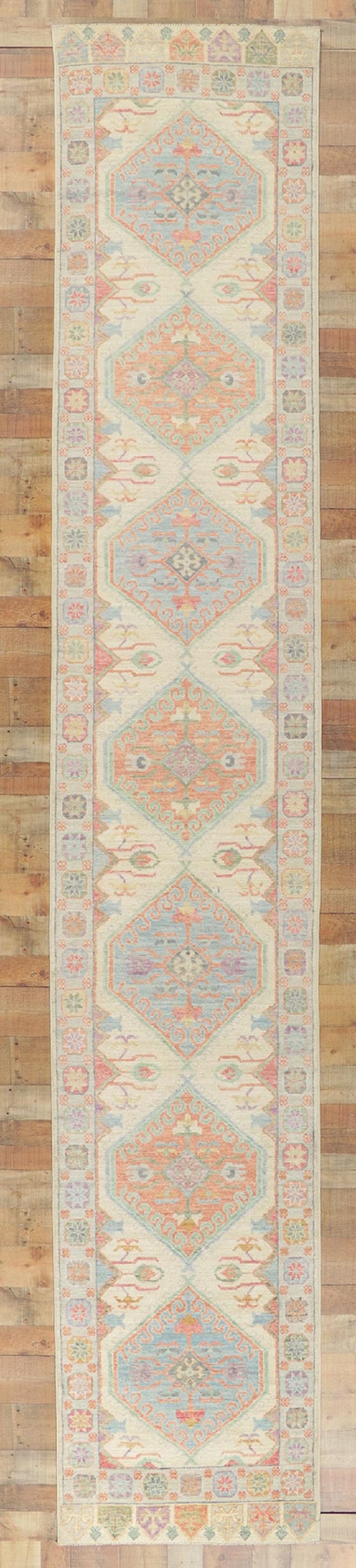 New Colorful Oushak Runner with Modern Vintage-Inspired Style In New Condition For Sale In Dallas, TX