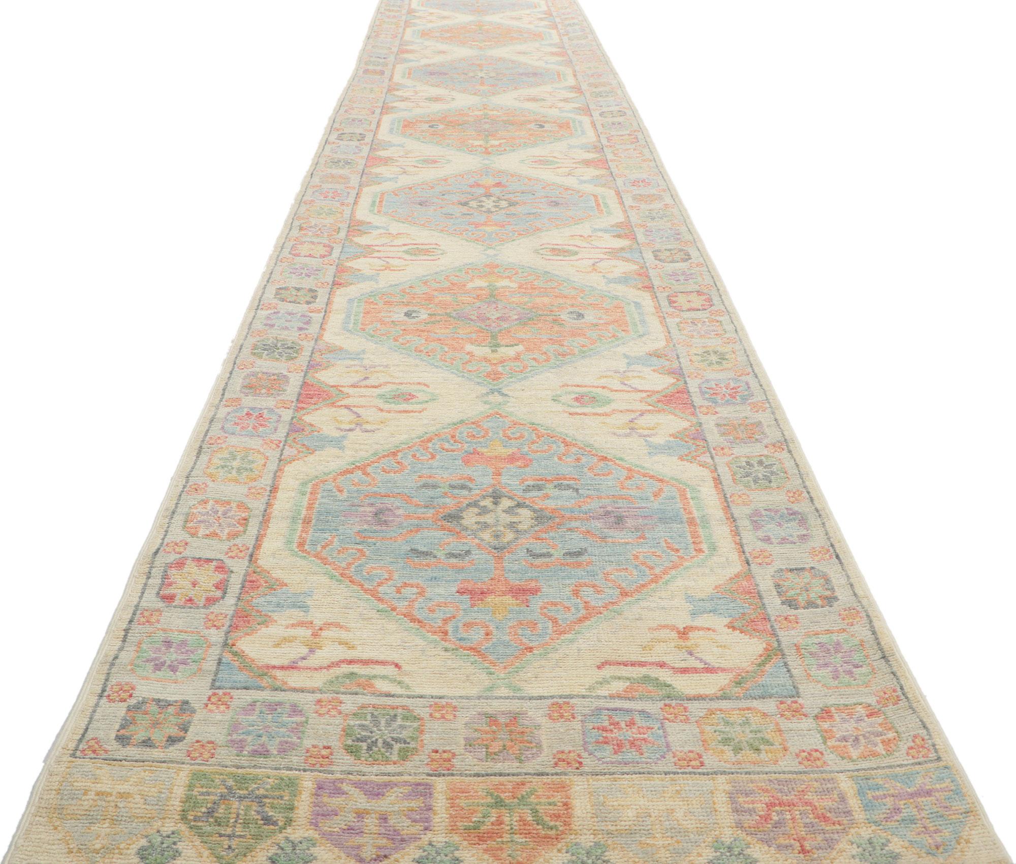 Contemporary New Colorful Oushak Runner with Modern Vintage-Inspired Style For Sale