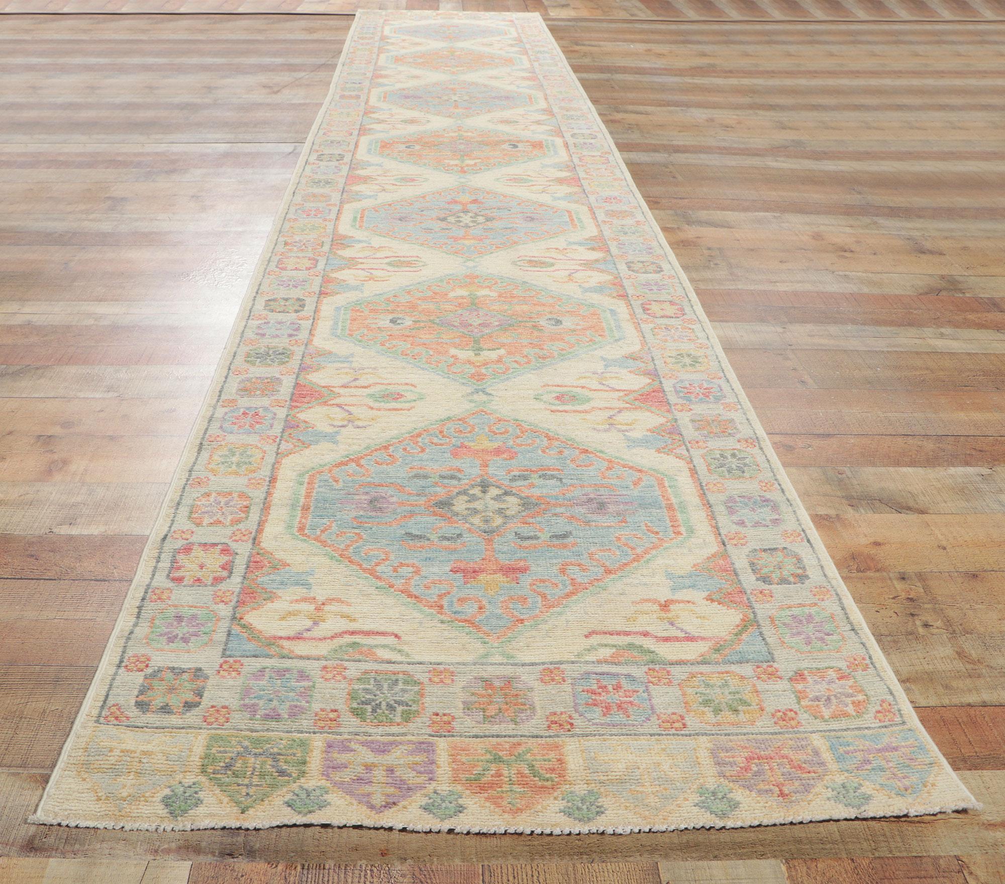Wool New Colorful Oushak Runner with Modern Vintage-Inspired Style For Sale