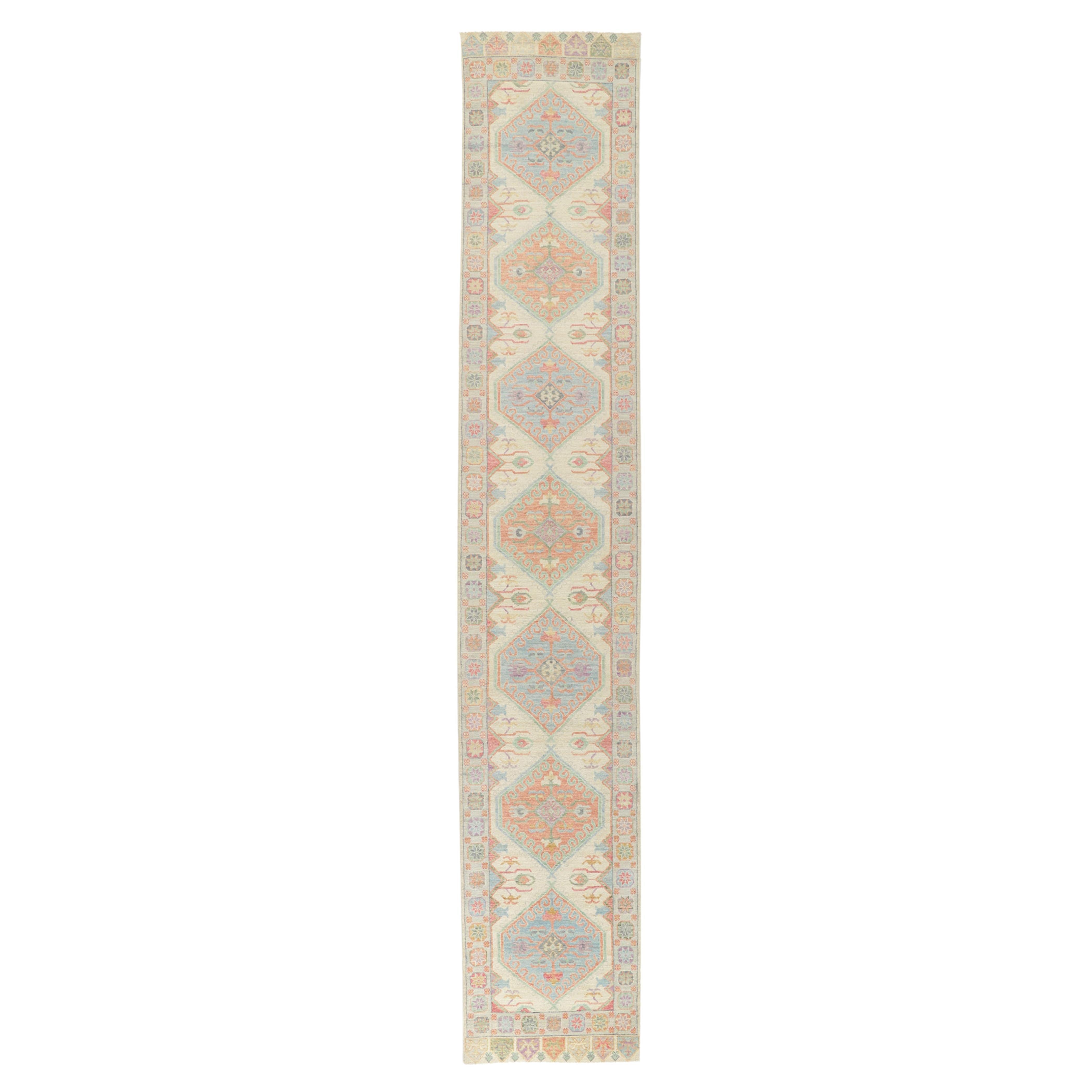 New Colorful Oushak Runner with Modern Vintage-Inspired Style For Sale