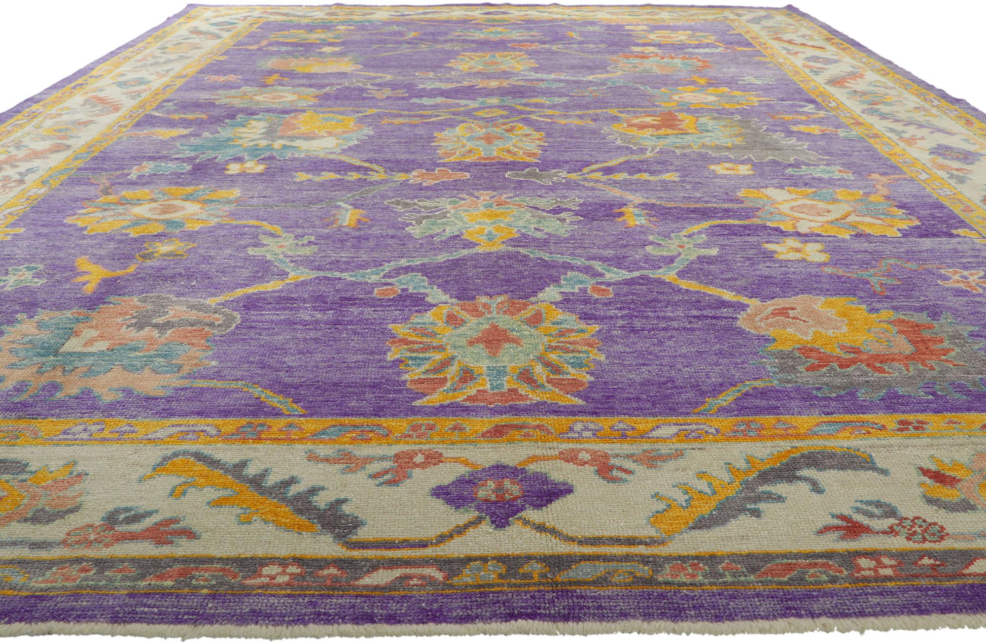 Hand-Knotted Colorful Purple Turkish Oushak Rug, Modern Elegance Meets Maximalist Enchantment For Sale