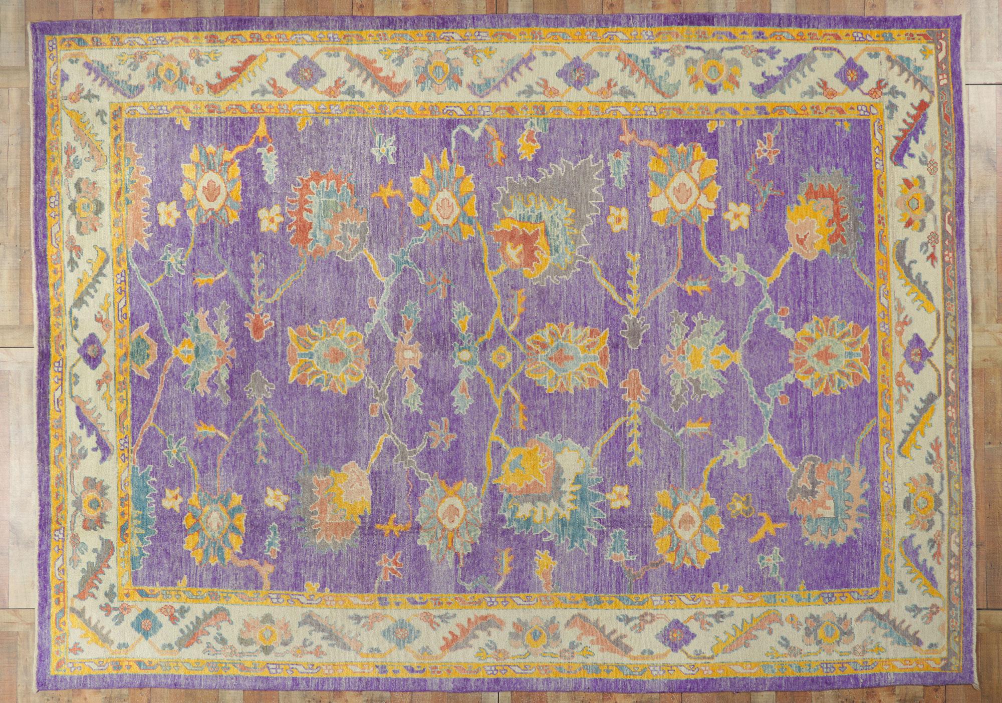 Colorful Purple Turkish Oushak Rug, Modern Elegance Meets Maximalist Enchantment For Sale 3