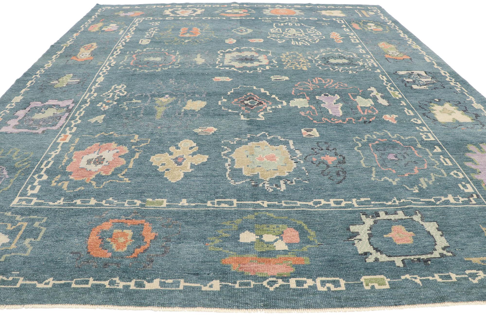 Hand-Knotted New Colorful Teal Contemporary Turkish Oushak Rug with Modern Style For Sale