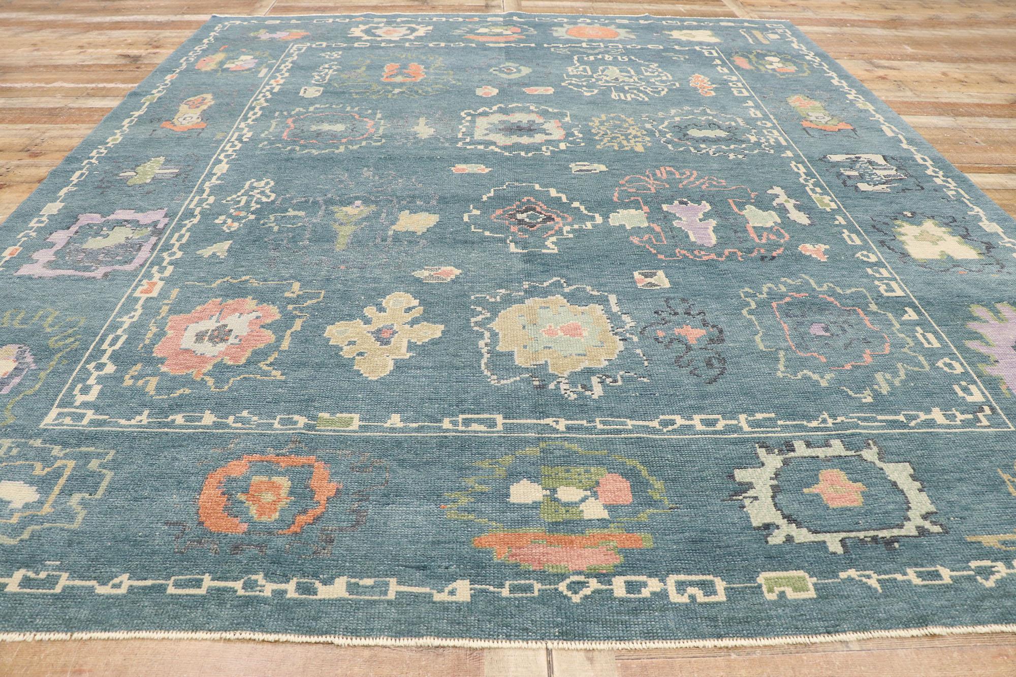 New Colorful Teal Contemporary Turkish Oushak Rug with Modern Style For Sale 2