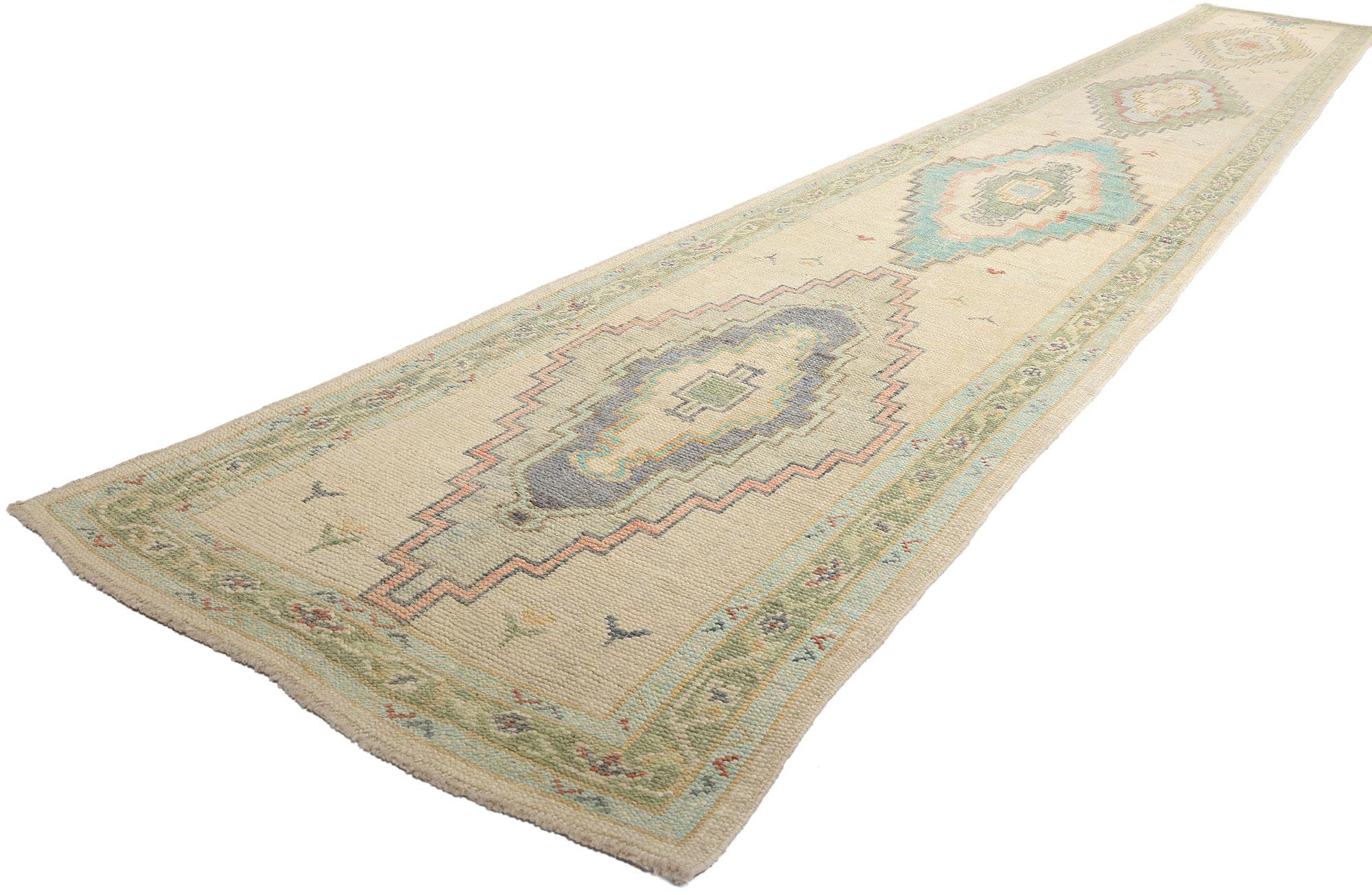 53959 New Extra-Long Turkish Oushak Rug Runner, 03'01 x 22'07. This hand-knotted wool extra-long Turkish Oushak rug runner offers a breathtaking blend of tradition and contemporary design, creating a visually striking yet calming presence. The warm