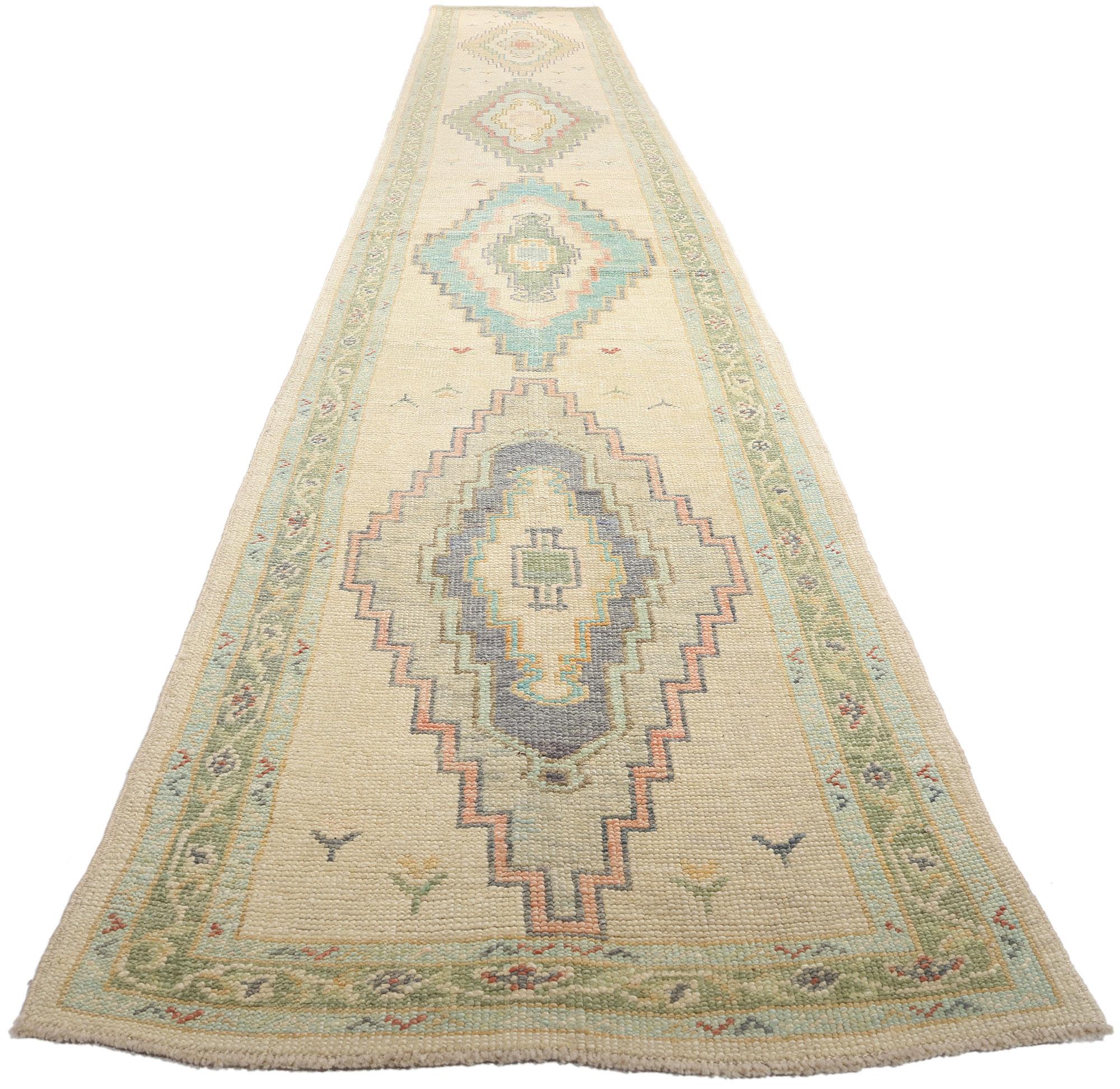 Hand-Knotted New Colorful Turkish Diamond Oushak Carpet with Modern Style, 03'01 x 22'07 For Sale